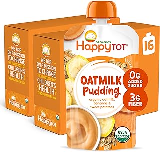 HAPPYTOT Organics Oatmilk Pudding, Dairy-Free, Stage 4 Toddler Snack, Oatmilk, Bananas & Blueberries, 4 Ounce Pouch, Pack of 16