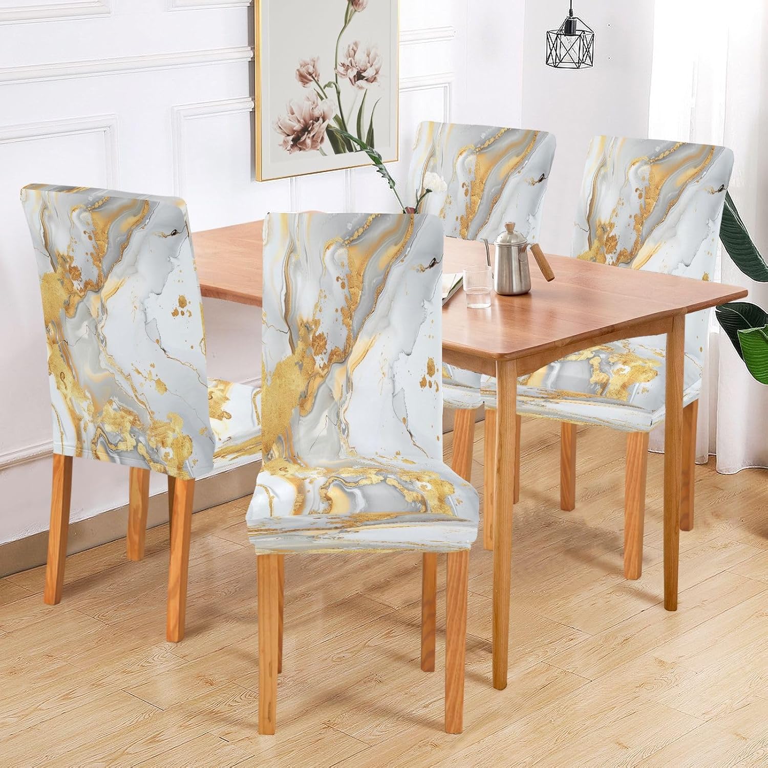 ALAZA White Gold Marble Dining Room Chair Slipcovers Dining Chair Covers Parsons Chair Slipcover Office Chairs Stretch Chair Covers for Dining Room