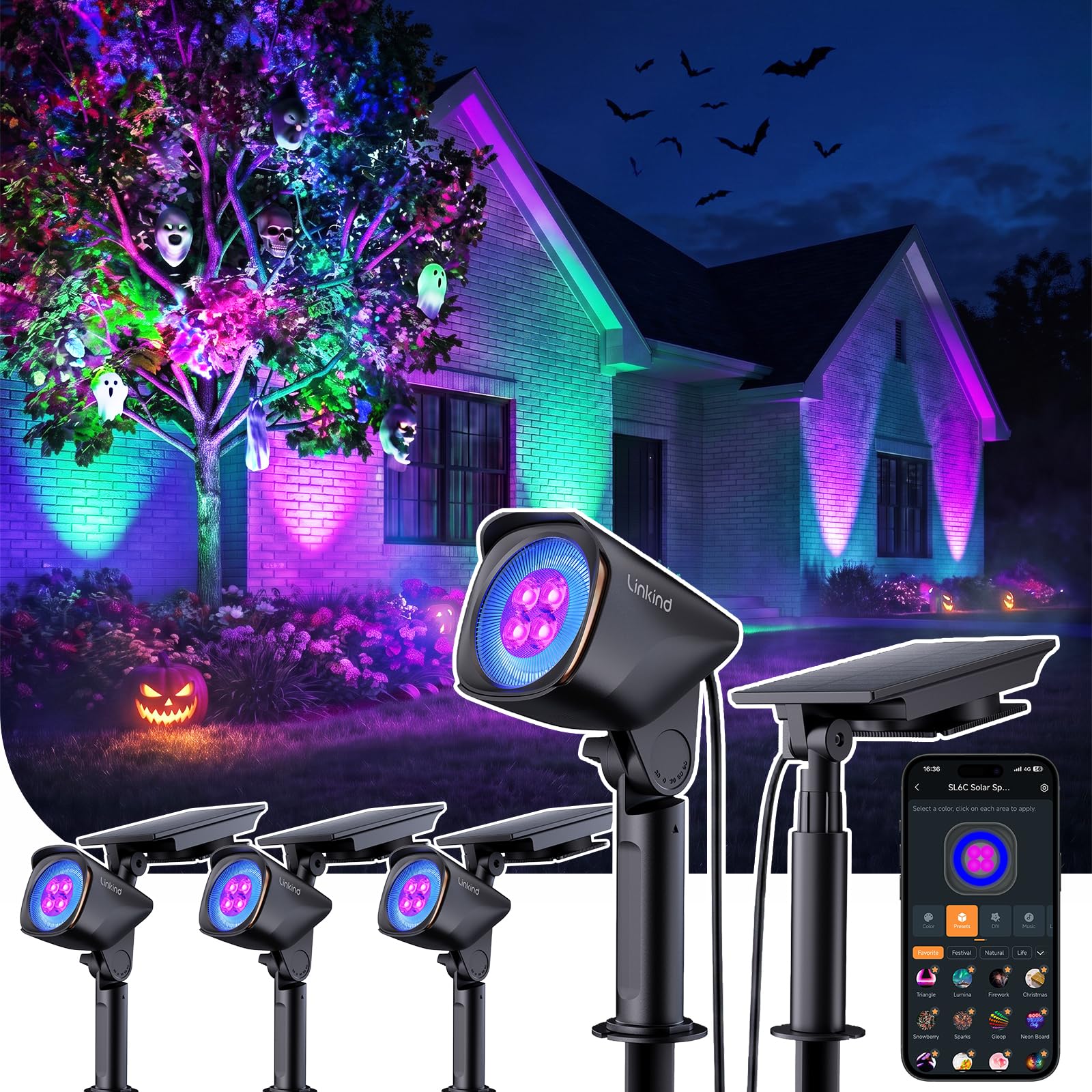 Linkind Smart Solar Spotlights SL6C, Dual Ring Halloween Lights Multicolor