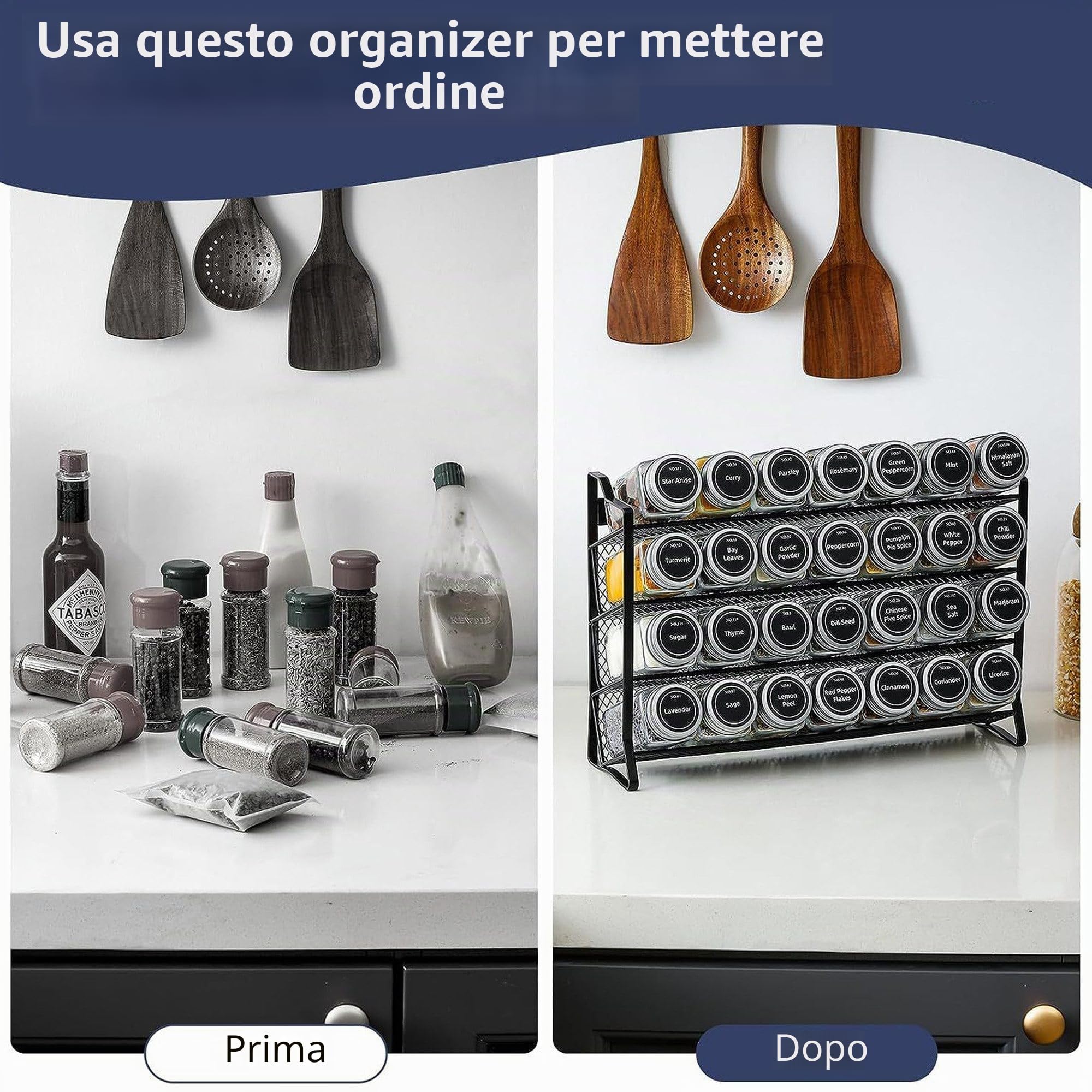 Portaspezie in piedi e da parete organizer da cucina con 28 barattoli per spezie e 180 etichette per spezie organizer per cucina piano di lavoro armadio dispensa