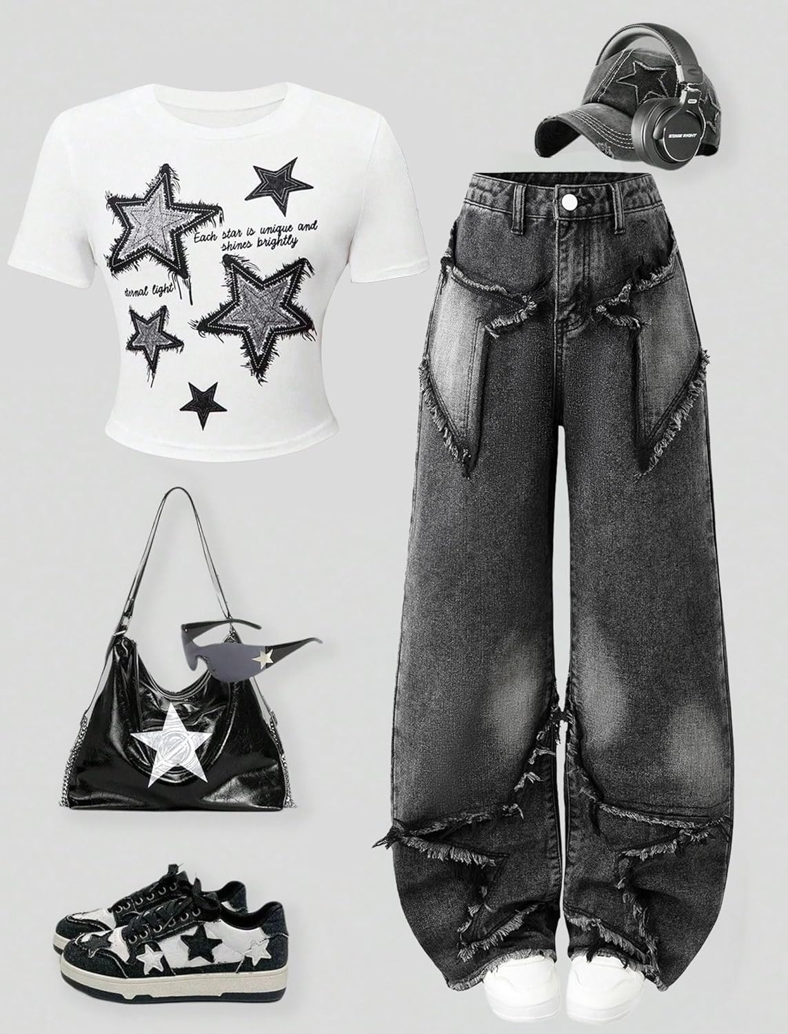 Y2K Baggy Jeans for Women Girls Star Patchwork Wide Leg Raw Hem Denim Pants Hip Hop Streetwear Preppy Clothes