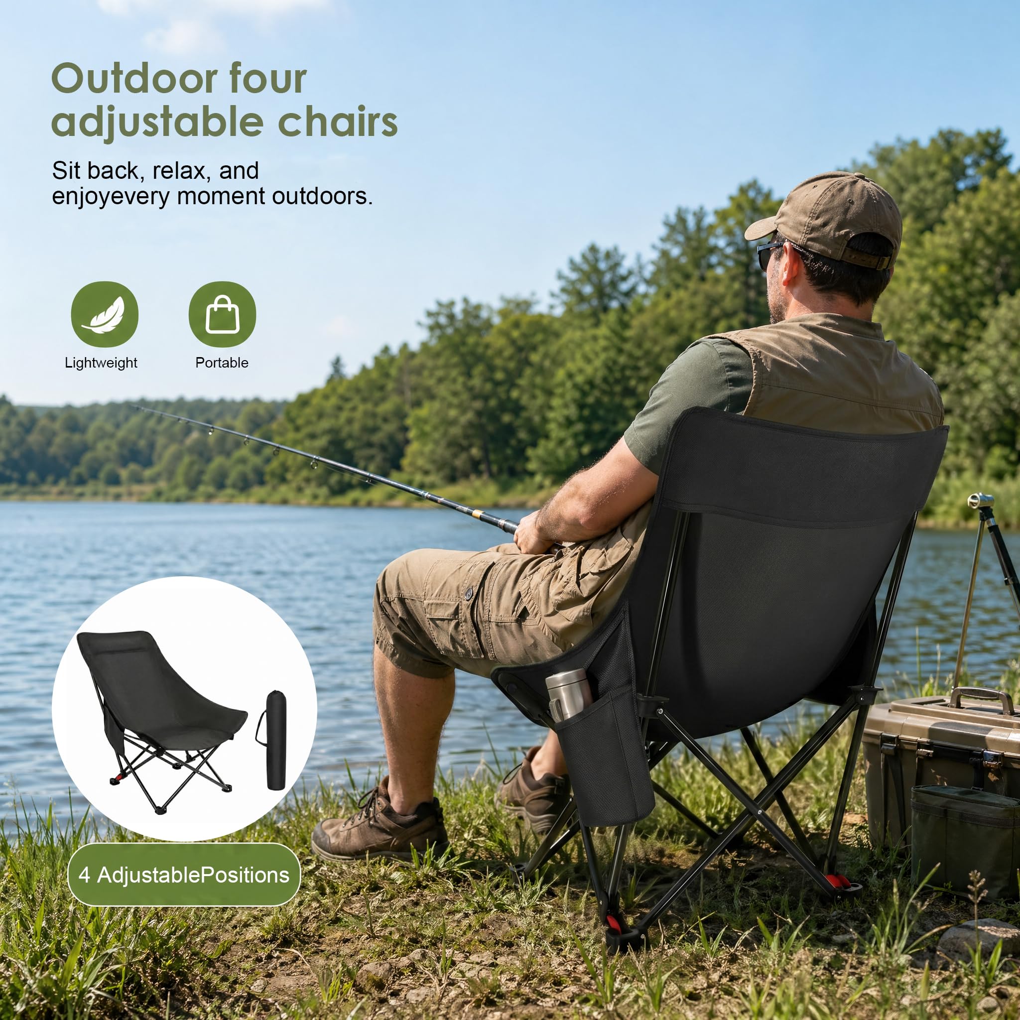 Chaise de camping à dossier haut, pliable, 150 kg, ultra légère, portable, avec 2 poches latérales, chaise pliante de camping, de pêche, avec sac de transport, chaise pliante pour camping, plage