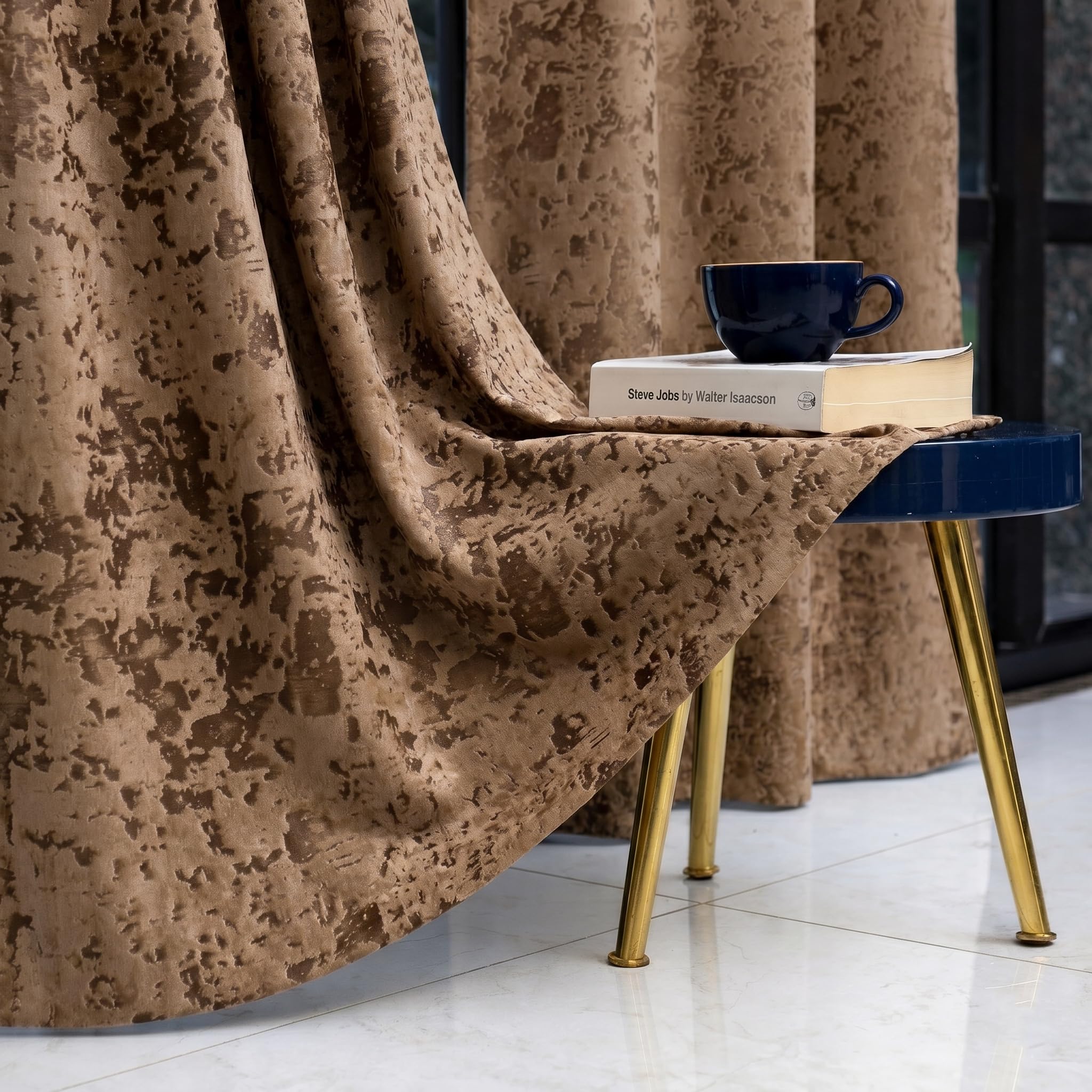 Premium Velvet Burnout Pattern 70% Blackout Opaque Curtains - Thermal Insulated, Heavy Blackout Opaques, Room Darkening Curtain for Door 7 Feet Pack of 2 Brown Burnout-image-7