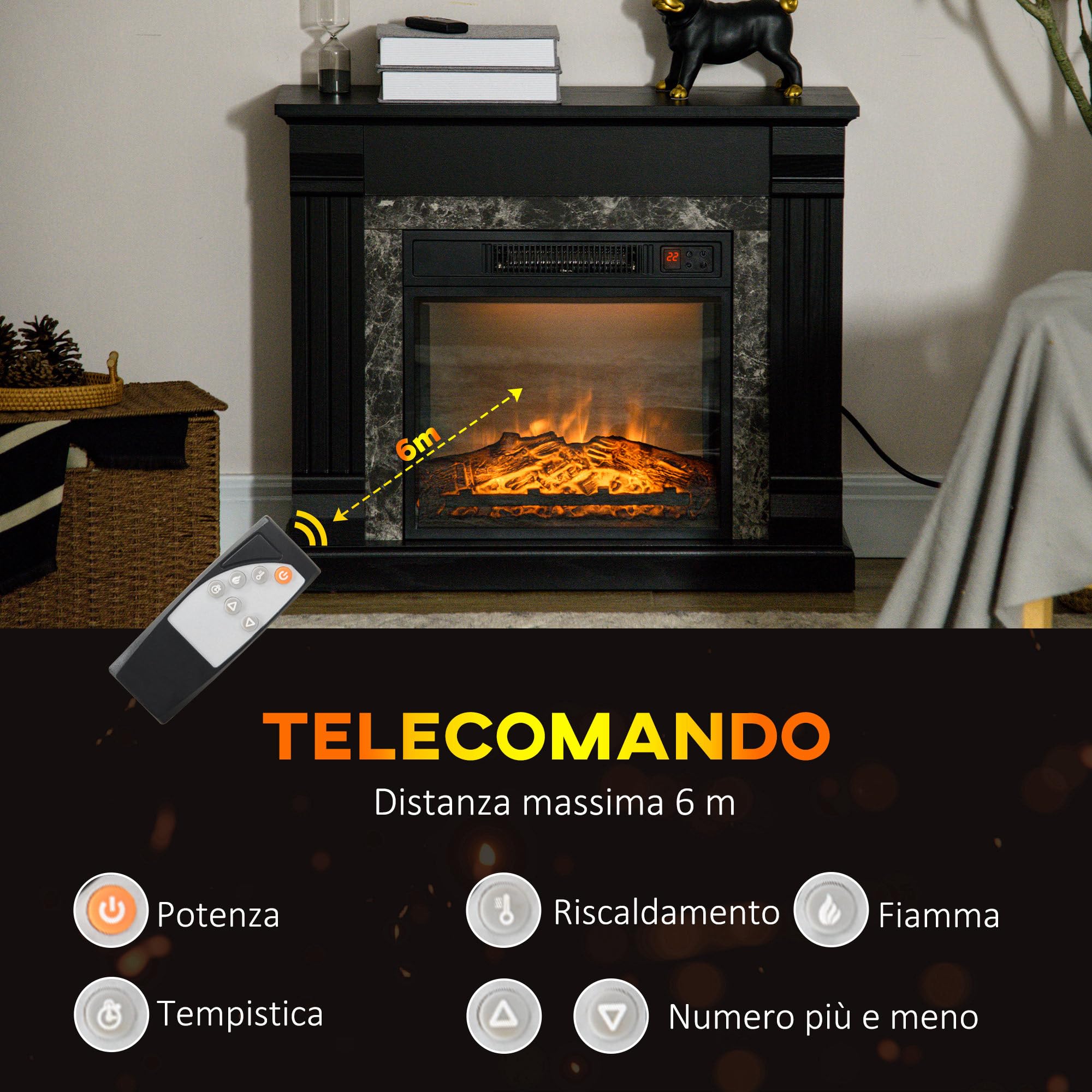 HOMCOM Camino Elettrico con Cornice Effetto Fiamma Realistico 3 Luminosità Regolabile, Stufa Silenzioso Caminetto Elettrico 1800W con Telecomando, Termostato, Timer, Riscaldamento Regolabile, Nero