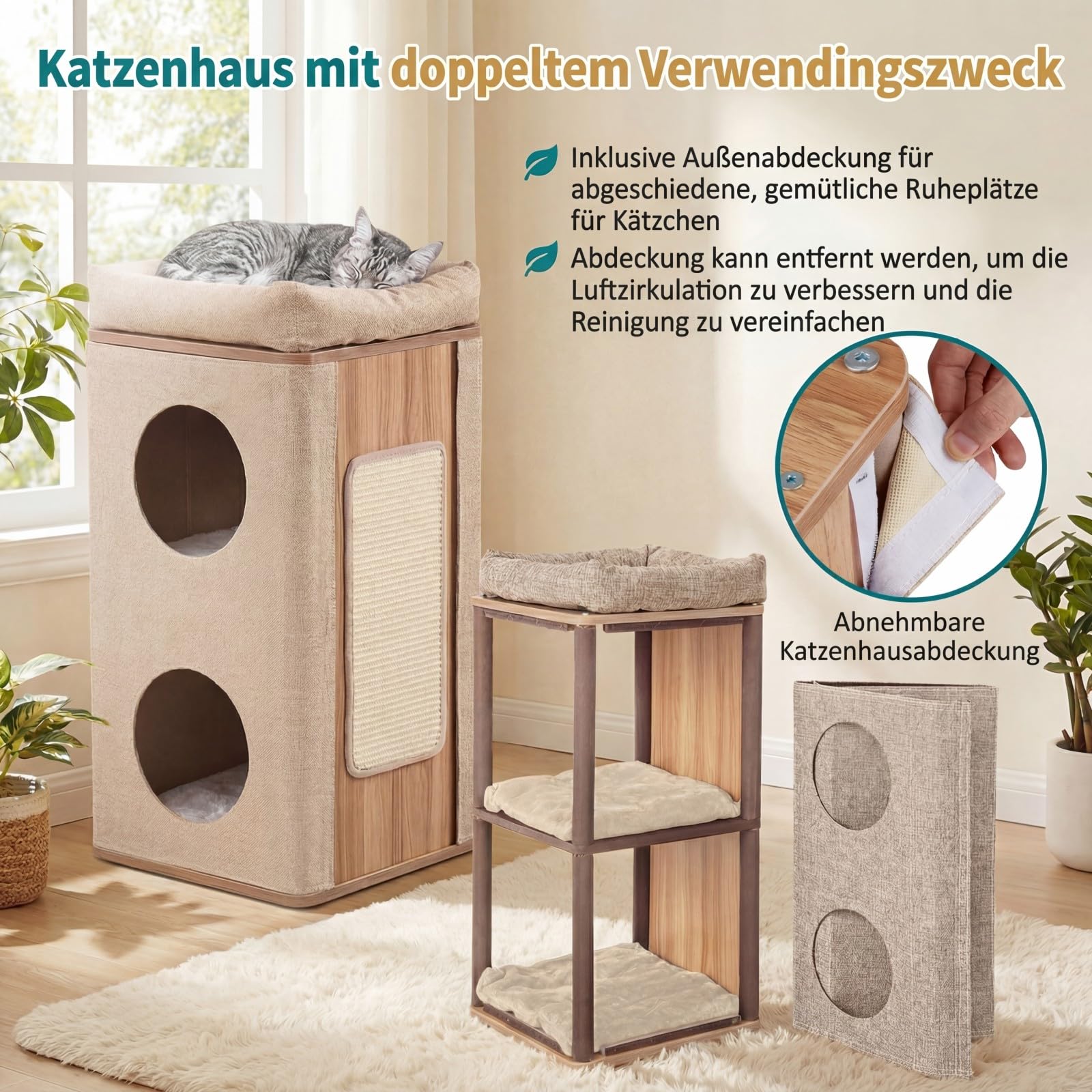 GOPLUS 3-poziomowy domek dla kotów z drewna, domek dla kota z deską do drapania i zdejmowaną matą, wytrzymały drapak dla kota z 2 jaskiniami i 3 miękkimi poduszkami, dla kotów do 20 kg (beżowy)
