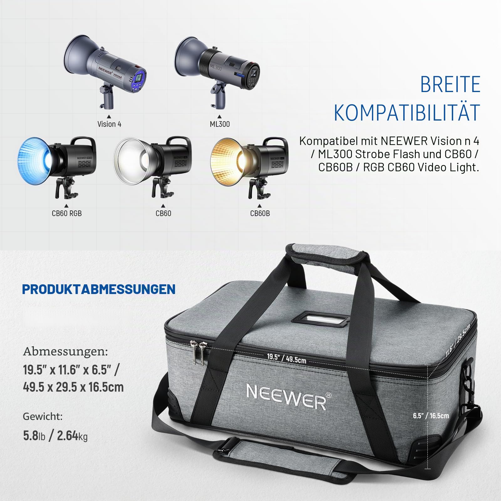 NEEWER Tragetasche mit beweglicher Schaumstoffpolsterung für Studio Light Q300 Vision 4 ML300 CB60B RGB CB60 MS60B MS60C MS150B, Robuste Transporttasche aus Oxford Gewebe mit Schultergurt & Griff, PB5