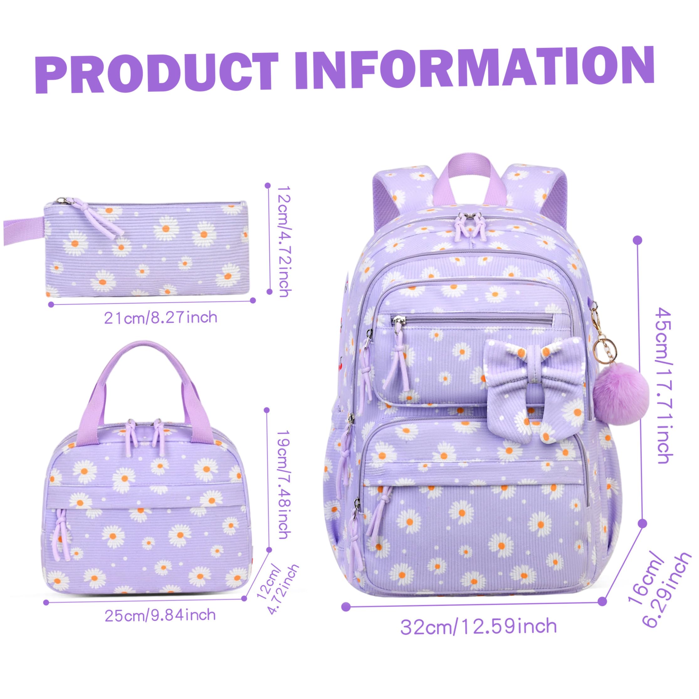 Set Zaino Per Ragazze 3 Pezzi, Zaino Per Ragazze Con Fiori Kawaii In Velluto A Coste Leggero Viola, Borsa Per Il Pranzo Isolata In 3 Pezzi, Uso Scolastico E Quotidiano