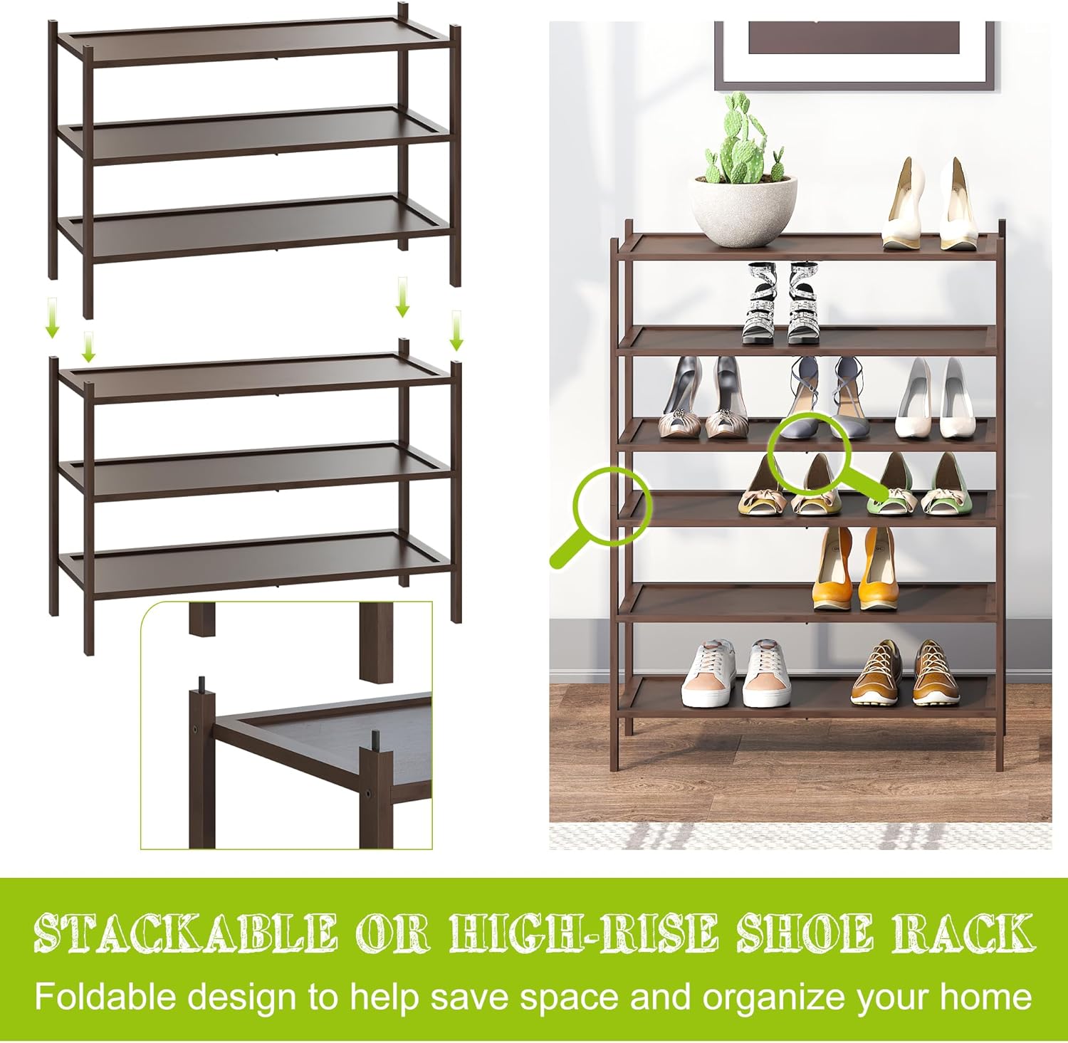 BMOSU 3-Tier Bamboo Shoe Rack Premium Stackable Shoe Shelf Storage Organizer for Hallway Closet Living Room Entryway Organizer(Brown)