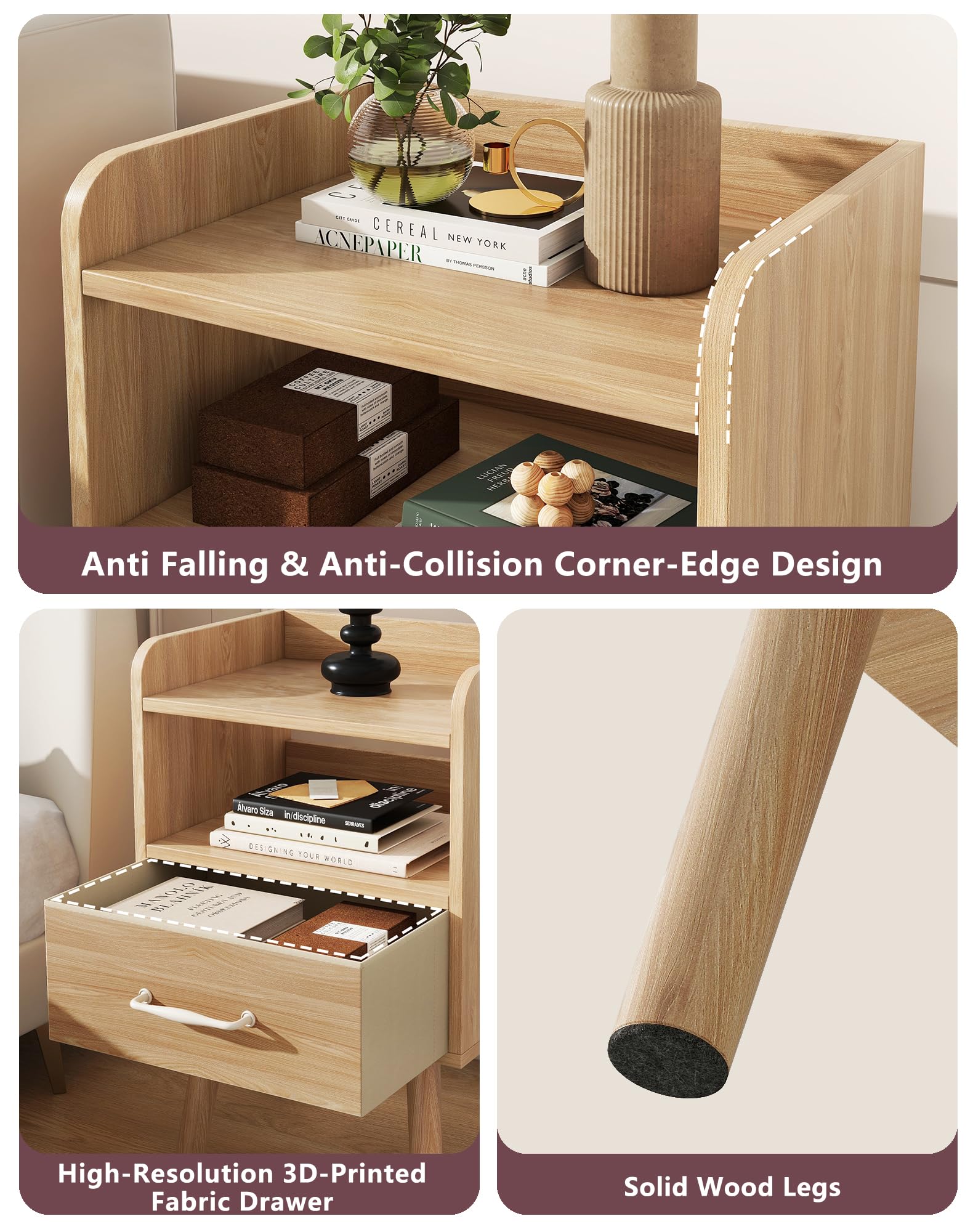 YMYNY Set de 2 Mesitas de Noche, Mesa Auxiliar de Sofá, Mesa de Madera, Cajón con Tela Removible, Ripiano Abierto, 39x29x62 cm, para Dormitorio, Salón, Natural HST021N-2