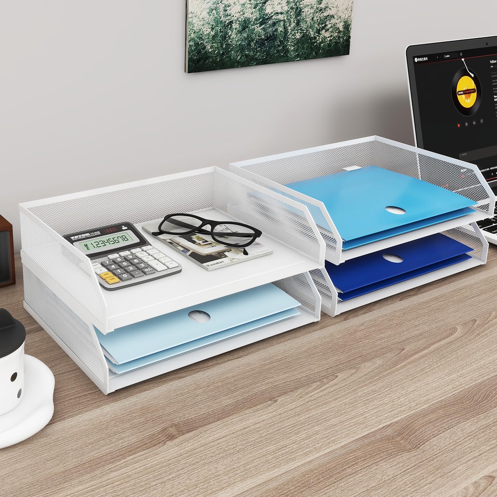 PUNCIA Corbeilles à Courrier Métallique 4 Niveaux Organiseur de Bureau Rangement Documents Blanc