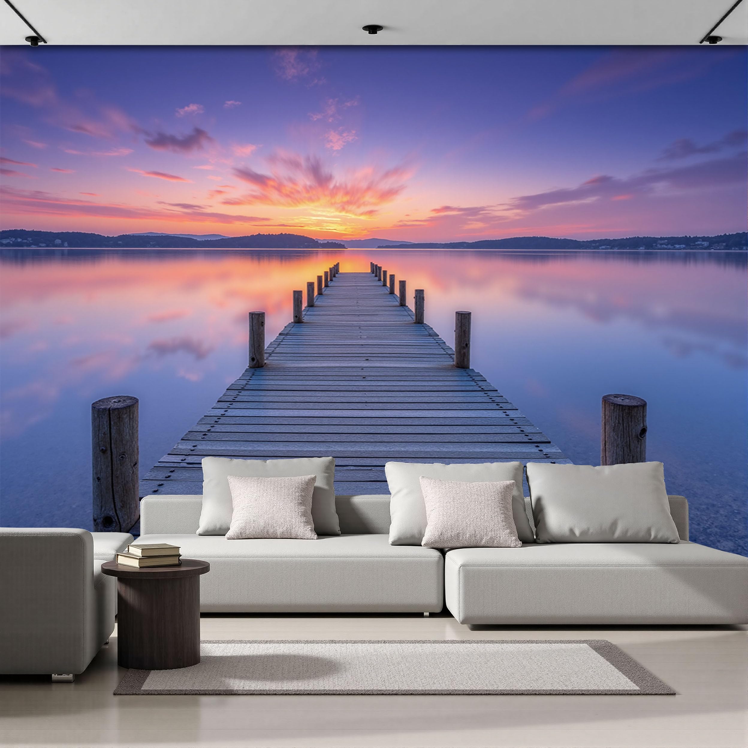 Papier peint coucher de soleil violet sur le lac avec pont en bois 200x140cm