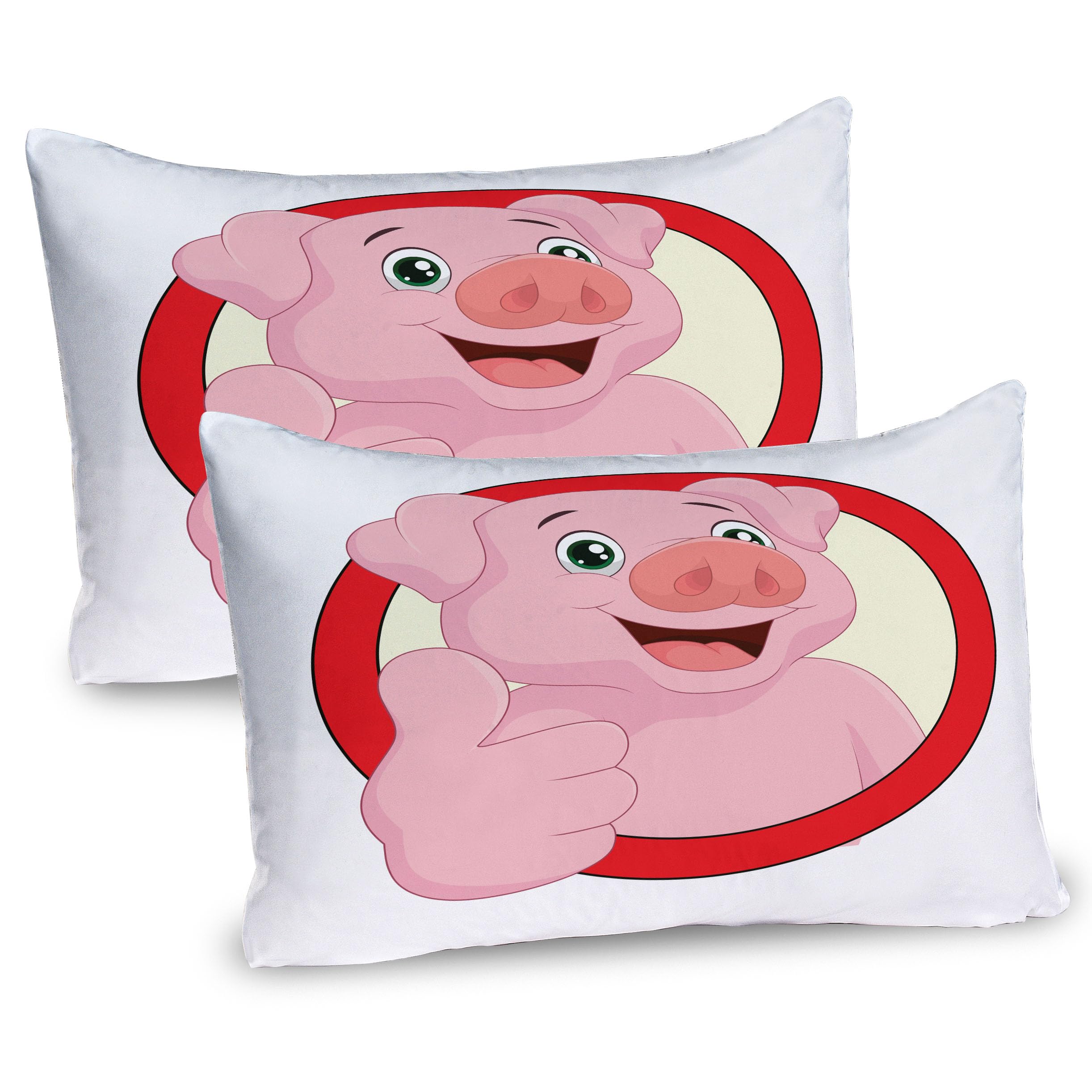 Ambesonne Cartoon Pillow Sham Set of 2, Pig Mascot with Thumbs Animal Illustration with a Circular Frame, Quality Microfiber Bedding Item for All Seasons, 30