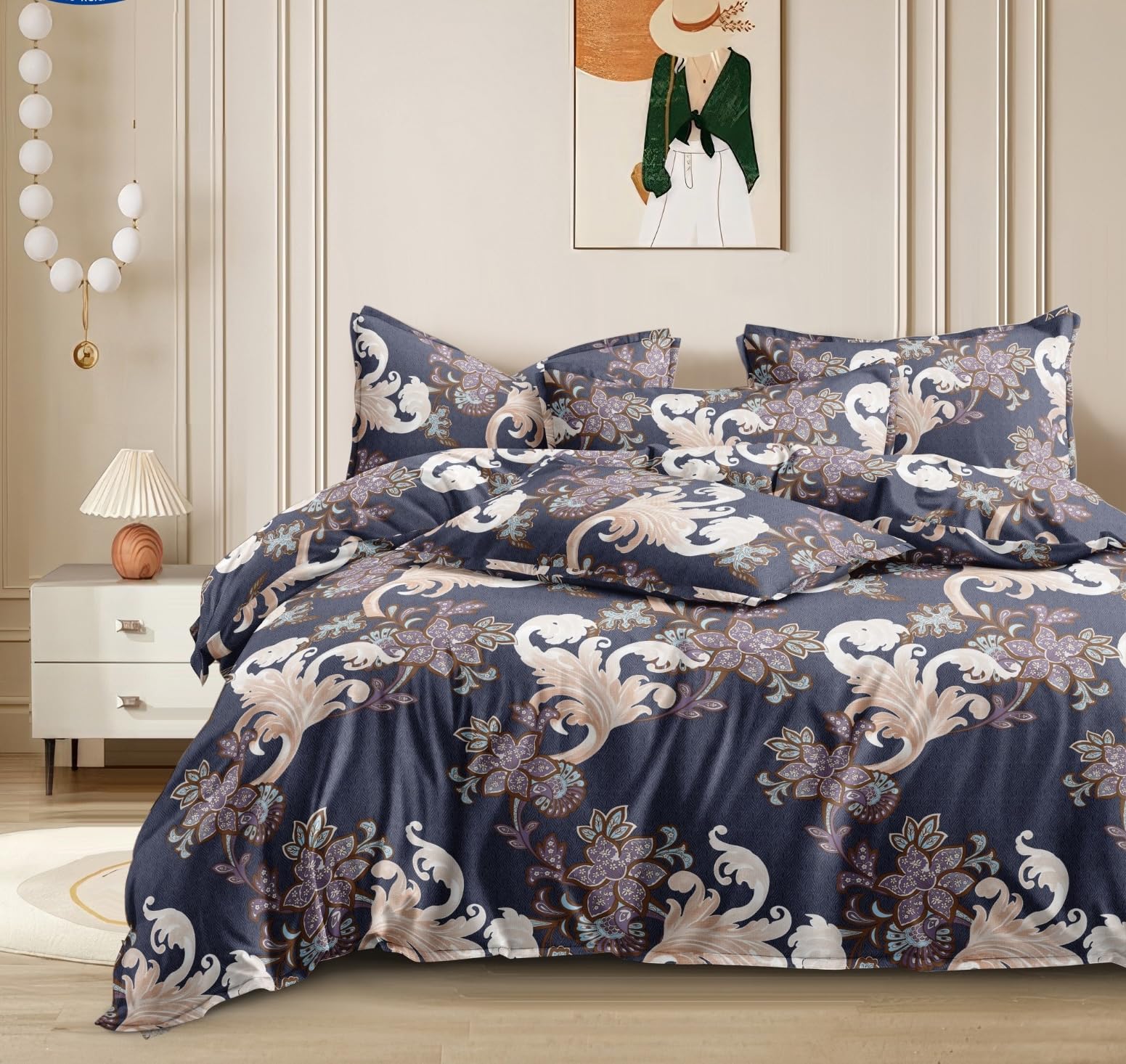 THE HOME STYLE 300 TC Cotton Feel Glace Cotton Elastic Fitted Printed King Size Double Bed Bedsheet with 2 Pillow Cover Fits Upto 8 Inches Mattress (72"x78", Bronze Midnight)