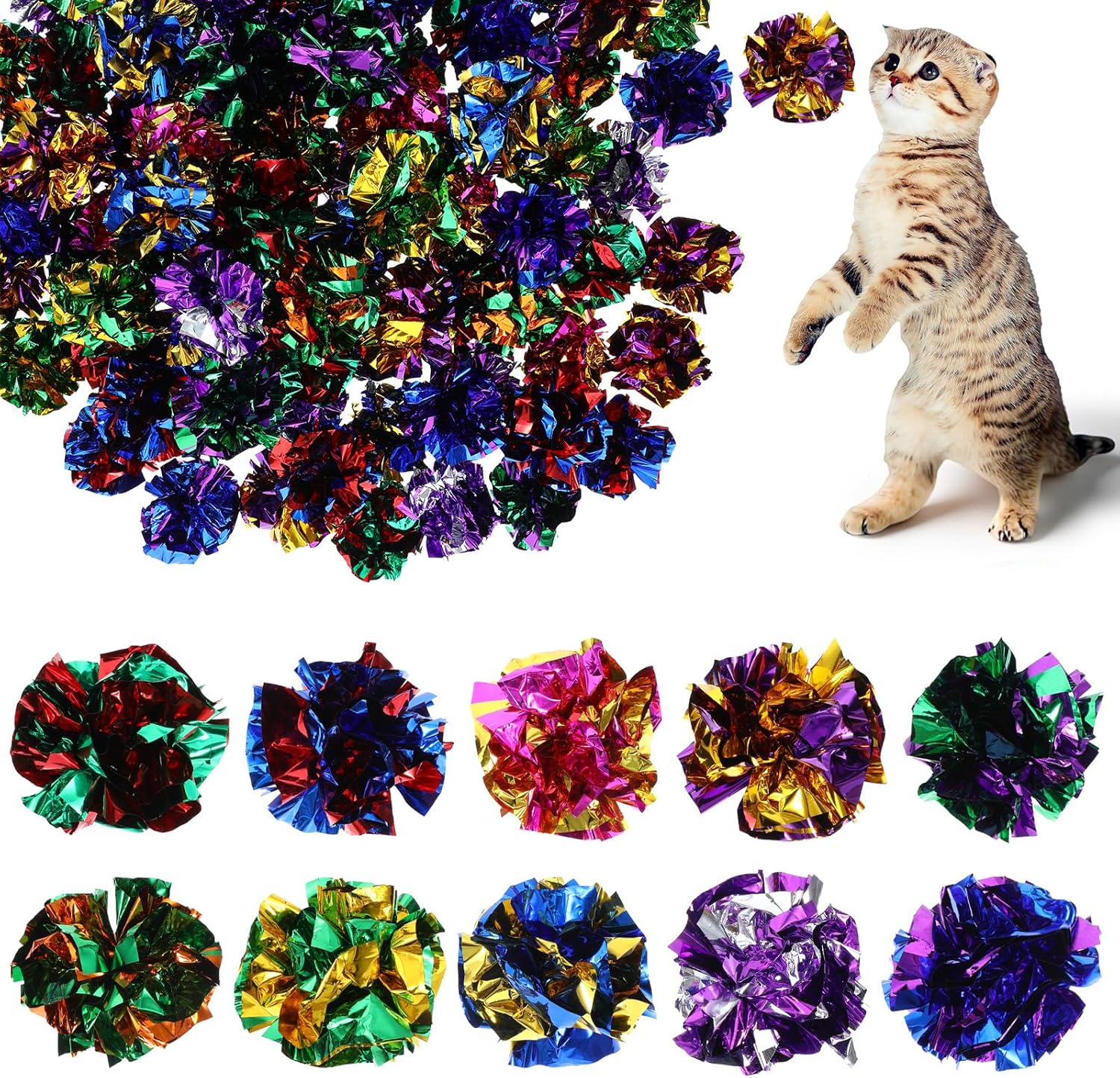 100PCS Crinkle Cat Toys, Colorful Polyester Film Crinkle Balls for Cats, 2.36 Inch Interactive Chew and Chase Cat Ball Toys for Kitten Exercise and Indoor Play