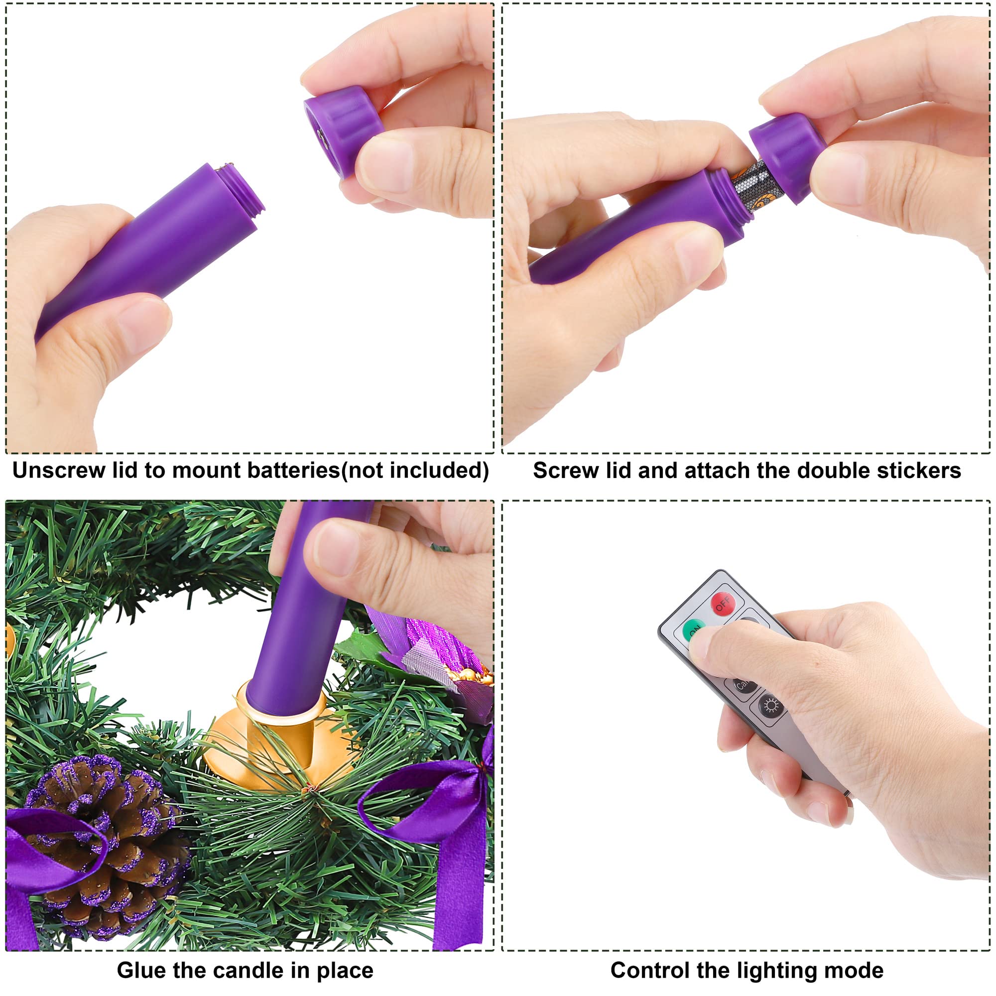 Fovths Couronne de l'Avent de 30,5 cm avec 4 bougies coniques sans flamme et télécommande pour décoration de Noël, maison, église, violet