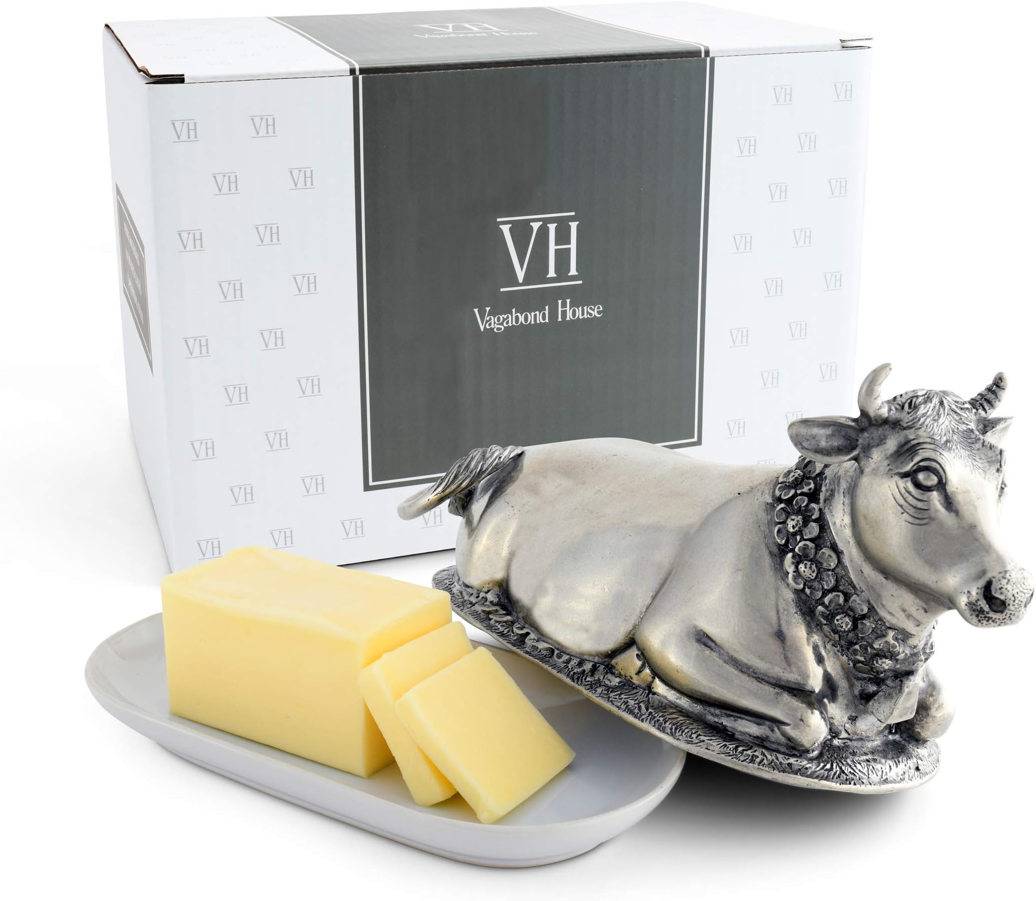 Pewter Metal Mabel the Cow Covered Butter Cream Cheese Dish Container Keeper Heirloom Quality with Stoneware Tray Base 8.5 inch Long