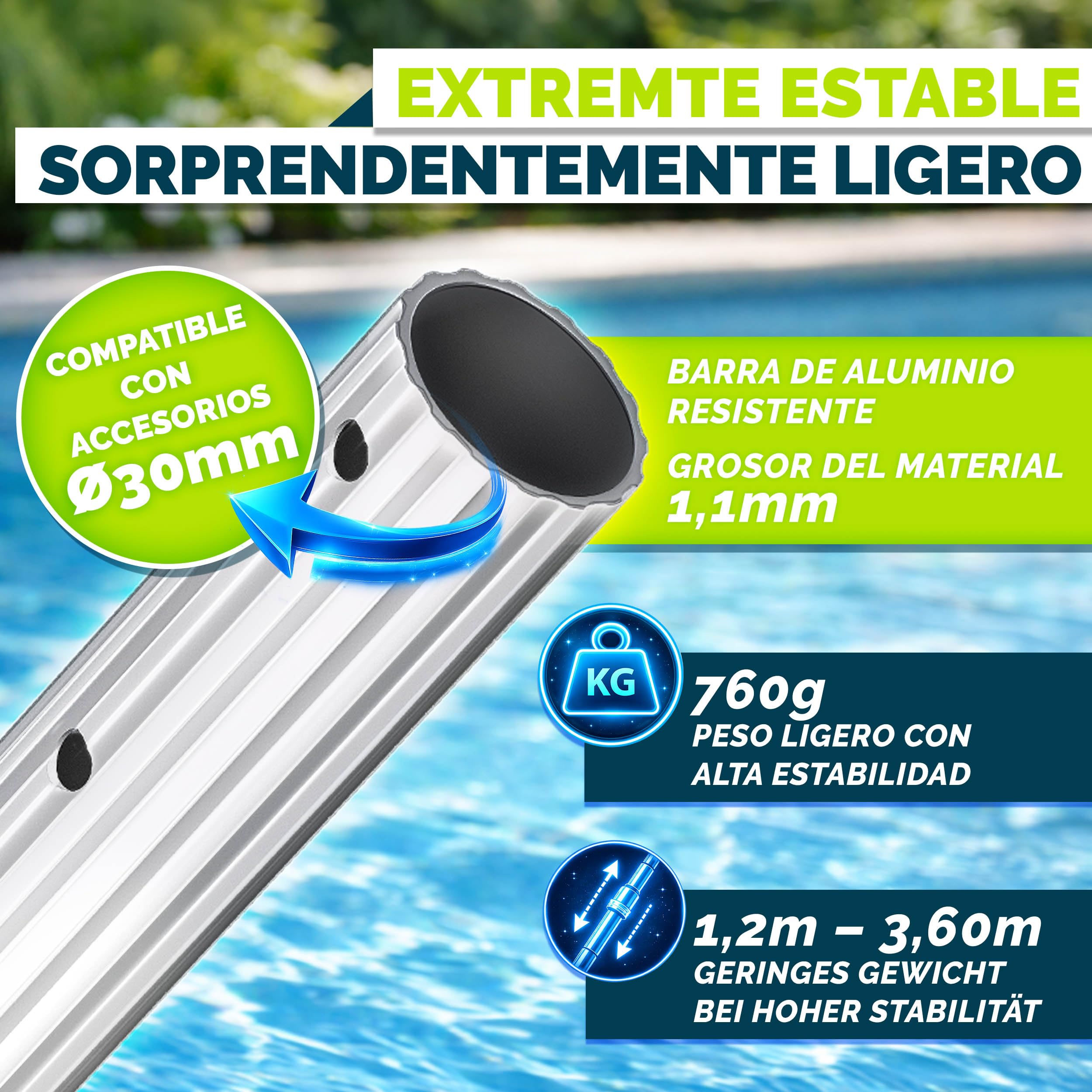 tillvex Barra telescópica para Piscina 1,20-3,60 m, Barra de Piscina de Aluminio, Barra para Limpieza de Piscinas, 3 Piezas