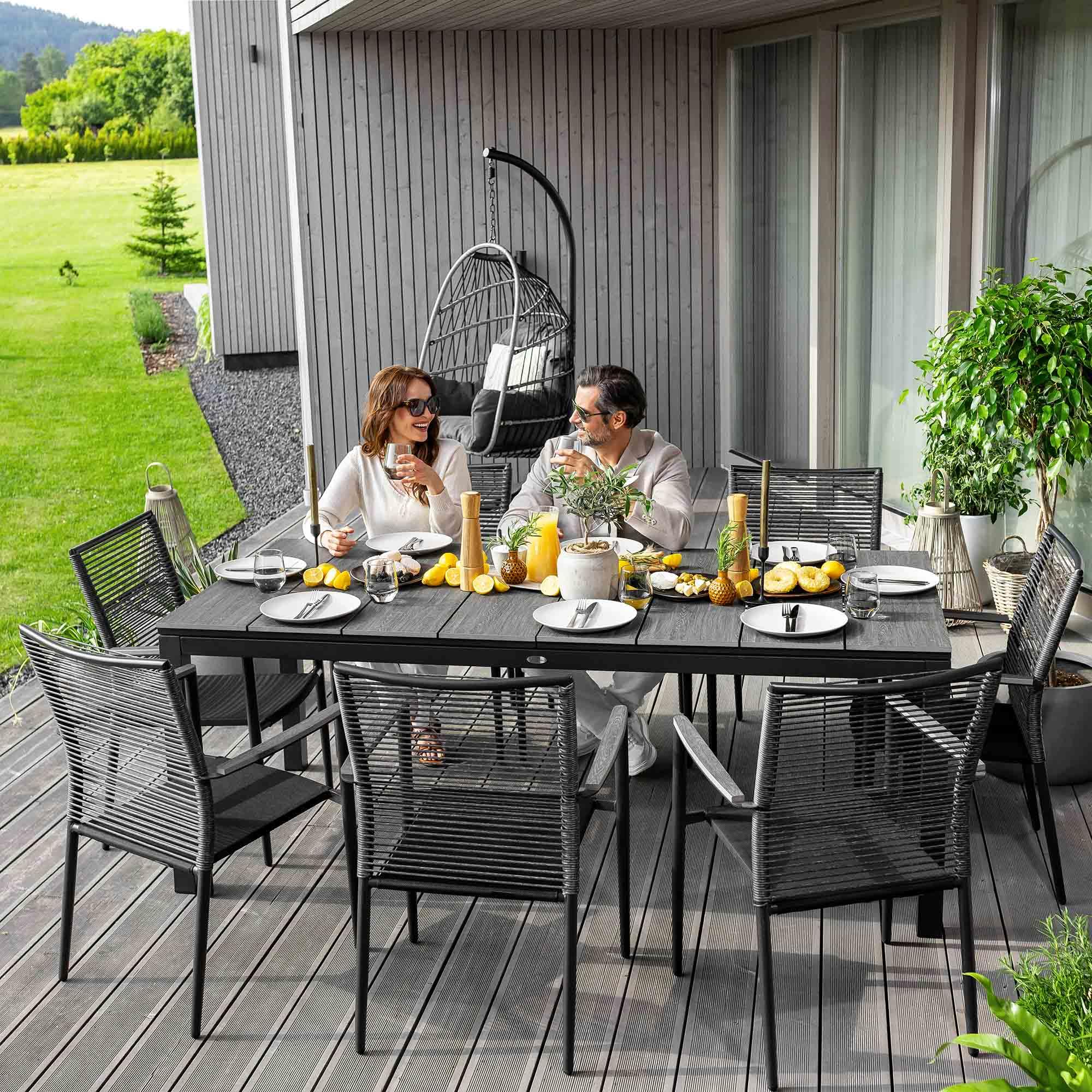 di volio Gartentisch ausziehbar 200-300 cm Aluminium für 12 Gäste Barleta | Kunstholzplatte, 2 Nivellierfüße, Klappsystem, 150 kg belastbar, UV-beständig, korrosionsbeständig, pflegeleicht