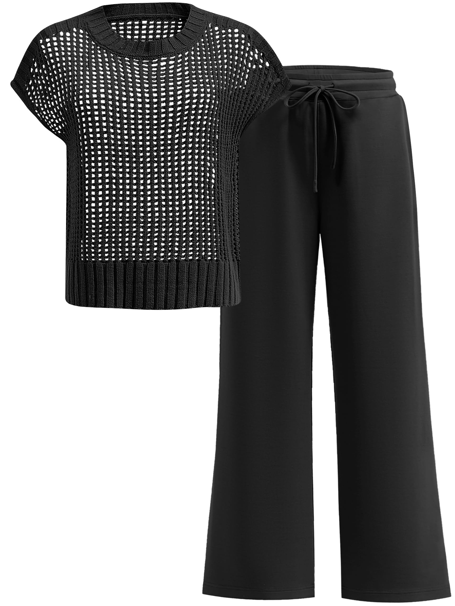 ANRABESS Women Two Piece Outfits Crochet Sheer Knit Sweater Top Wide Leg Pants Lounge Matching Sets Sweatsuit Travel