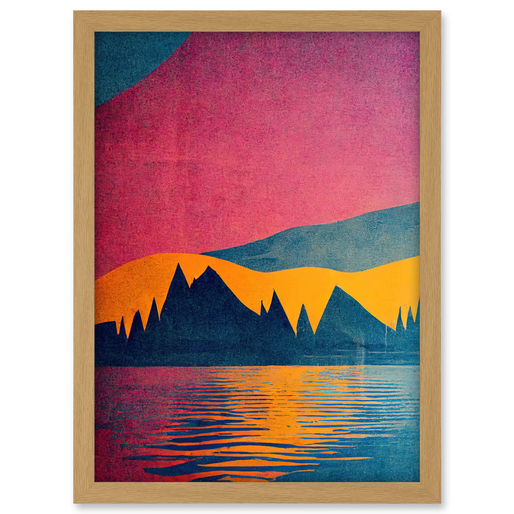 Wee Blue Coo Sunset at Lakeside Modern Colourful Pop Art Design Artwork Framed A3 Wall Art Print