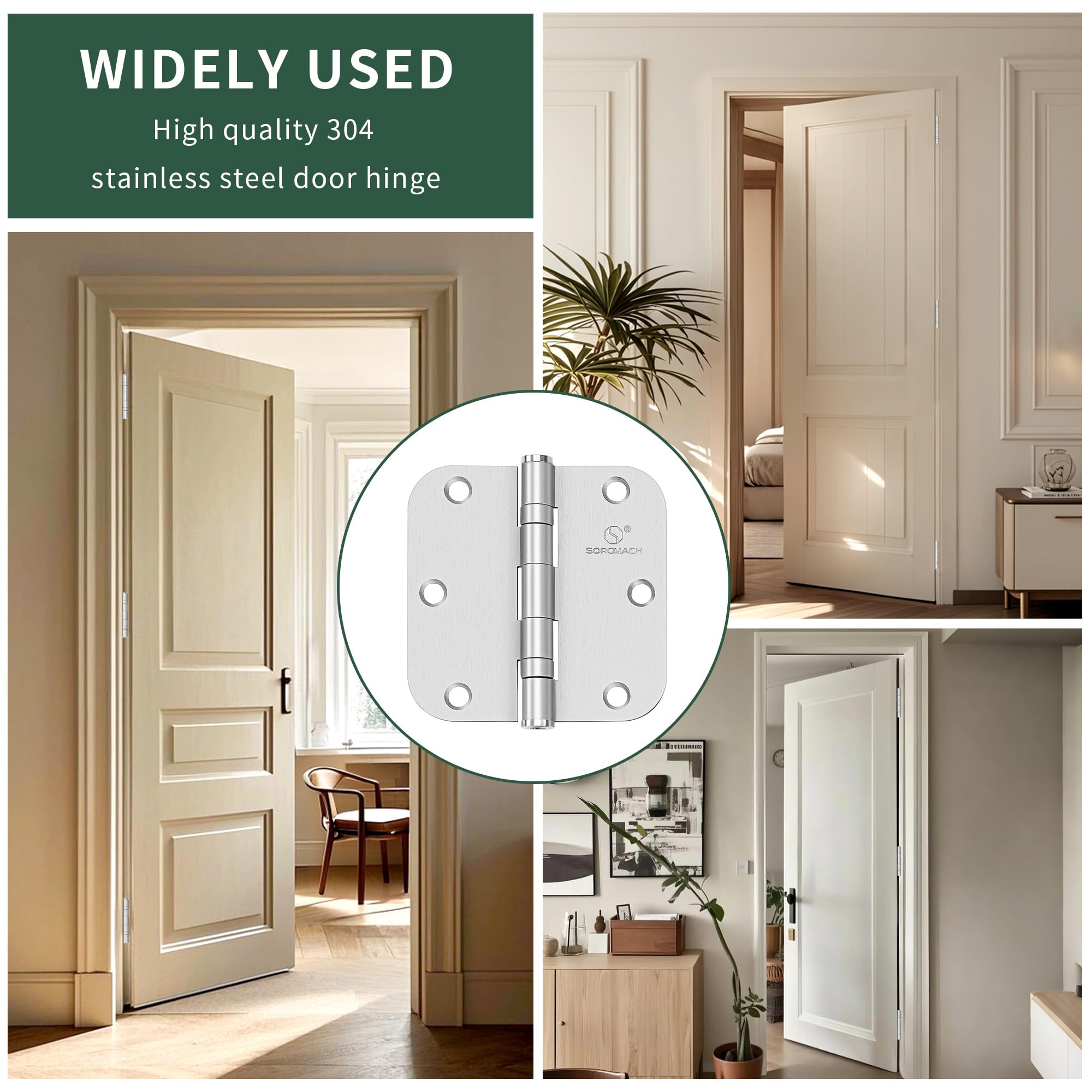 Bisagras de acero inoxidable 304 con esquinas de radio de 5/8, rodamiento de bolas de 3.5 pulgadas, bisagras de puerta de níquel satinado cepillado para puerta interior y exterior, paquete de