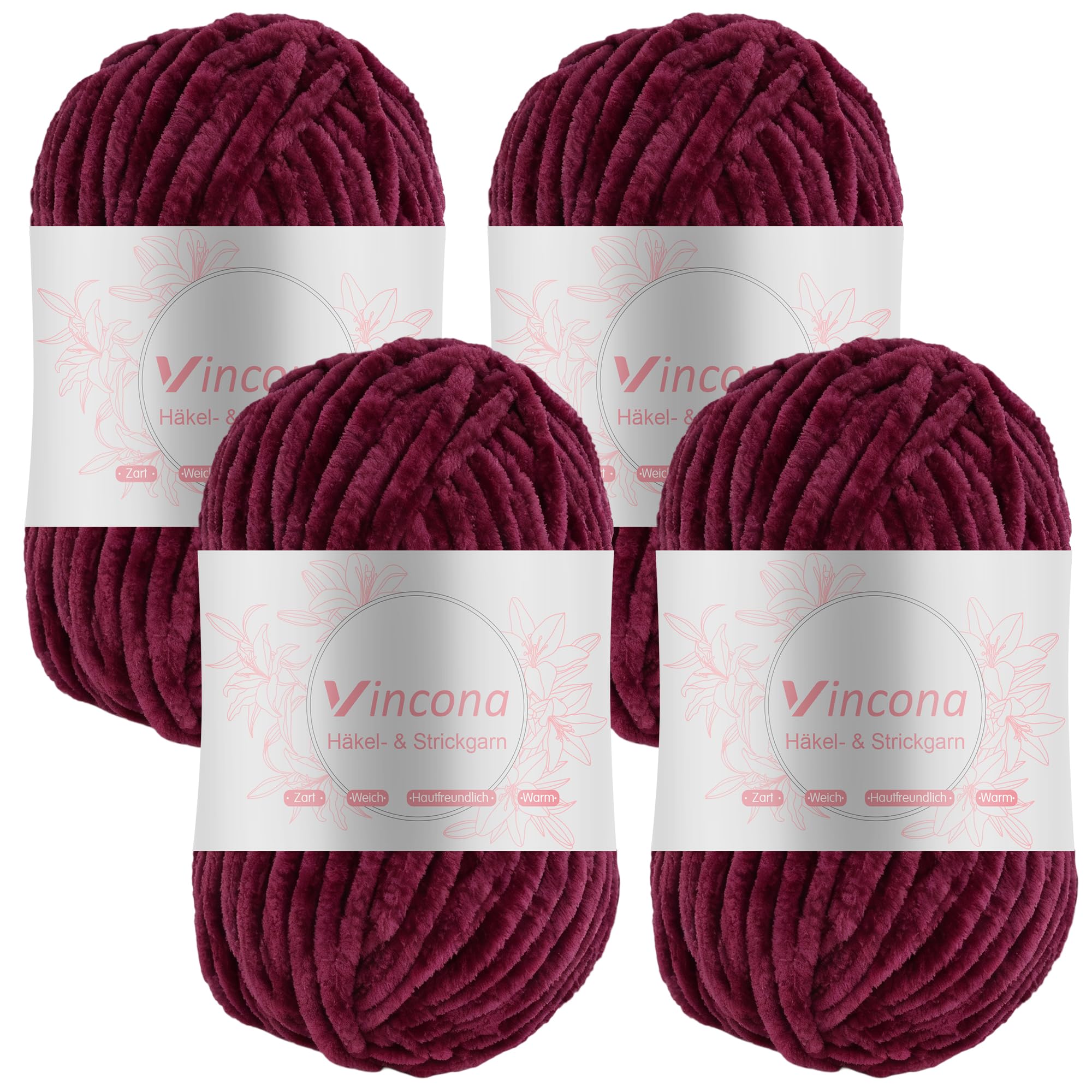 Vincona Chenille Yarn 4 x 100g Super Soft Chunky Yarn for Knitting and Crochet Yarn Clothes, Handbag, Shoes Hats Sweaters Blankets Scarves，DIY- Ideal for Beginners Adults Burgundy