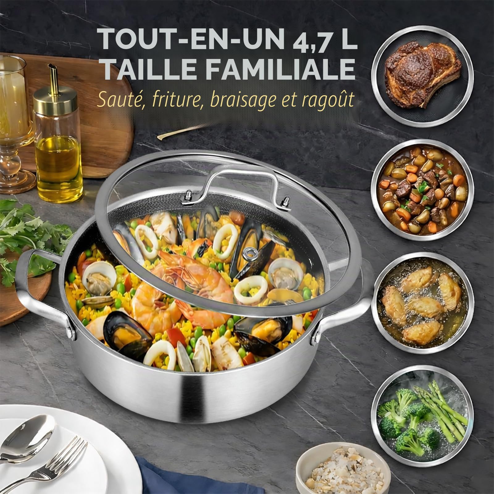 Inqibee Sauteuse 28cm Inox hybride 5L, triple épaisseur, Induction | Sauteuse acier inoxydable, sans revêtement antiadhésif, compatible induction et tous feux, passe au four et lave-vaisselle