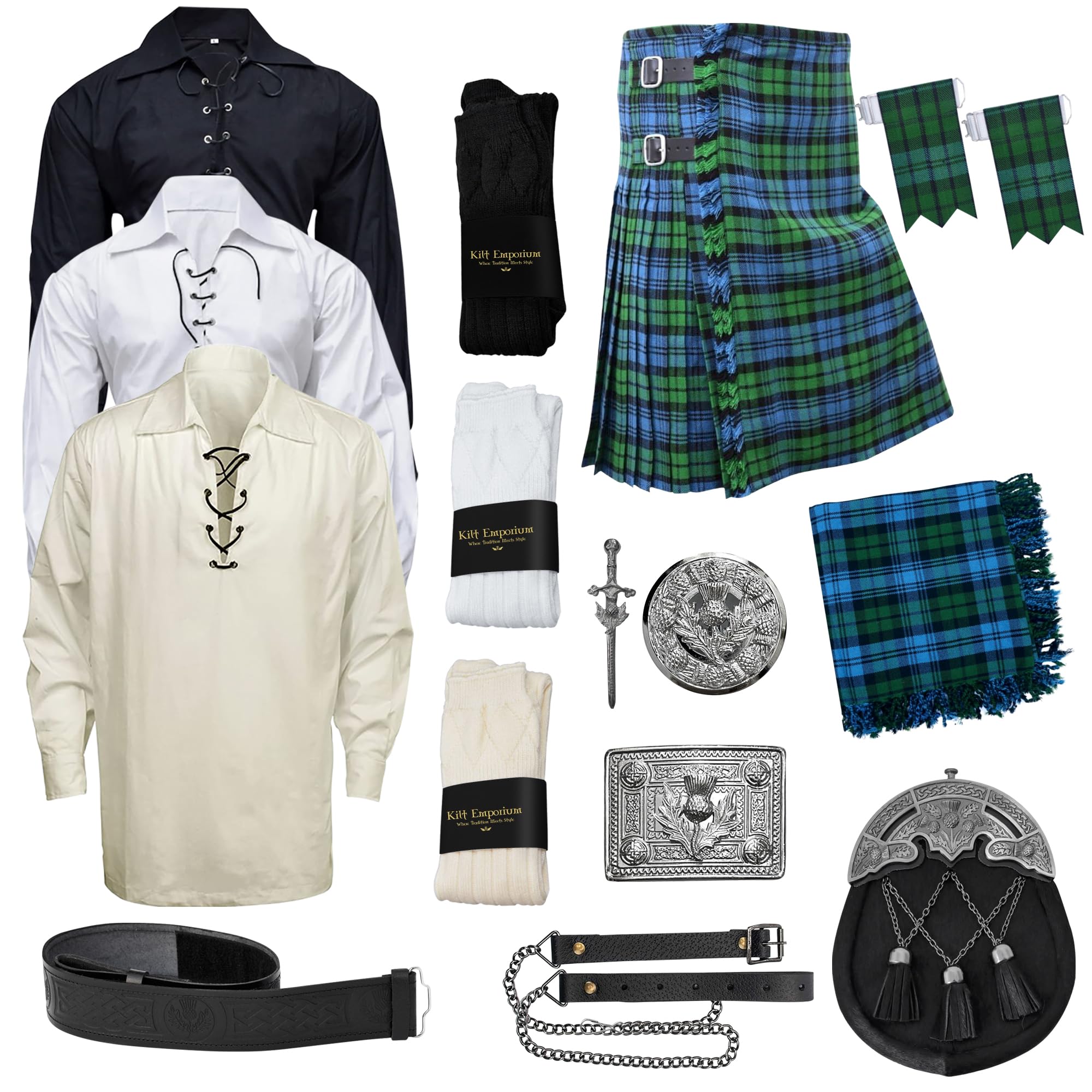 Kilt Emporium: Scottish Kilts for Men - Ancient Campbell Tartan Kilt Set - Complete Scottish Kilt Attire for Men - 36