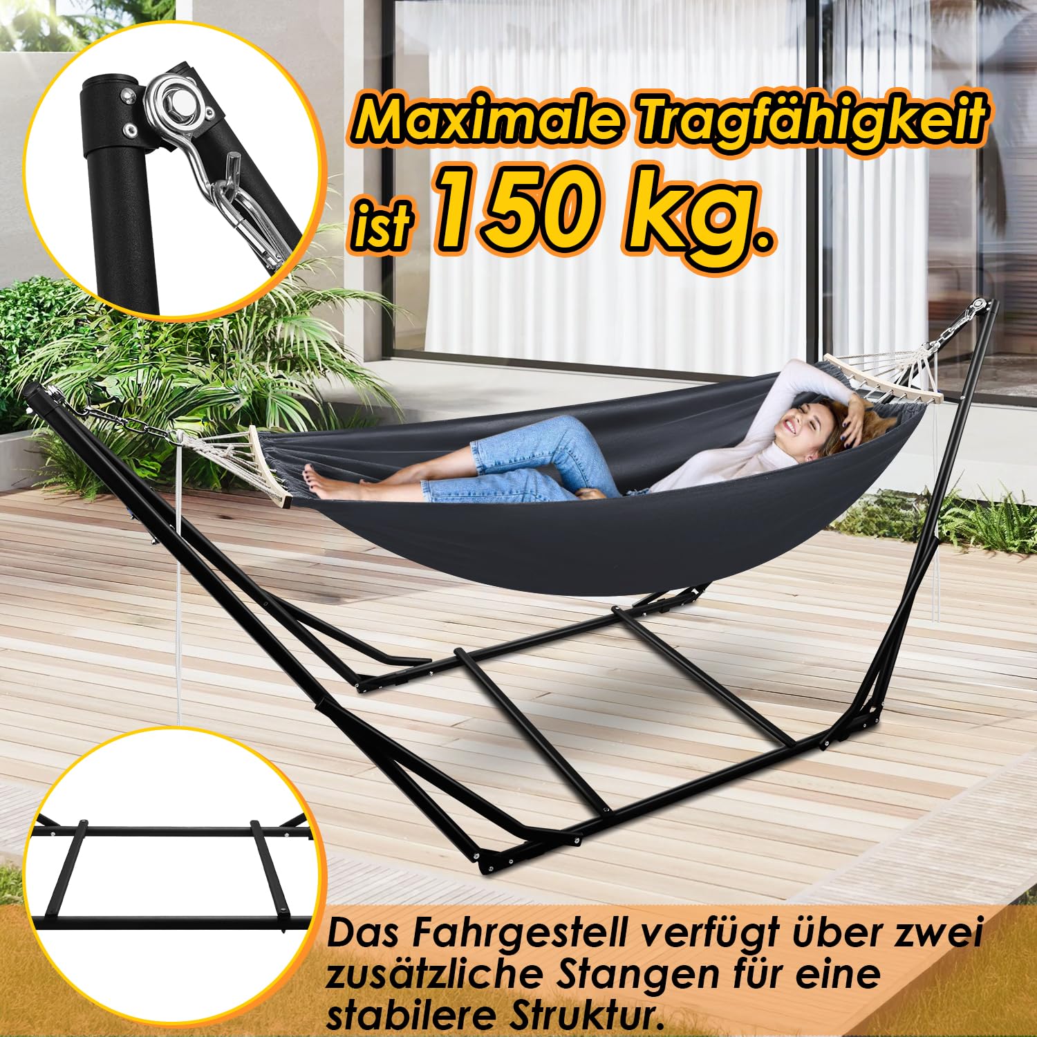 Hamaca con estructura plegable para jardín, estructura de metal para exteriores, con bolsa de transporte, estructura de metal de hasta 150 kg, para camping, jardín, piscina, balcón