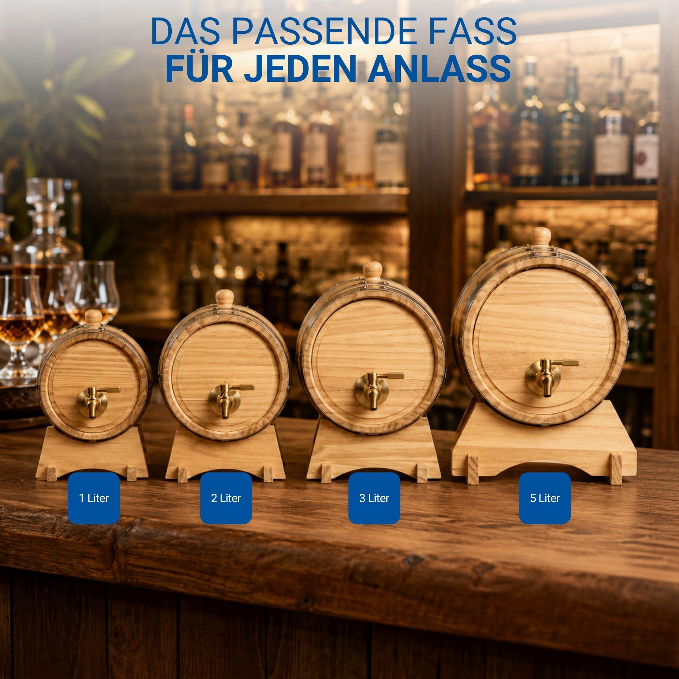 Holzfass 'Timber' 5 l - kleines Weinfass mit Zapfhahn, Beutel und Bock - dekoratives Fass für Whisky, Wein und Schnaps - Geschenkidee