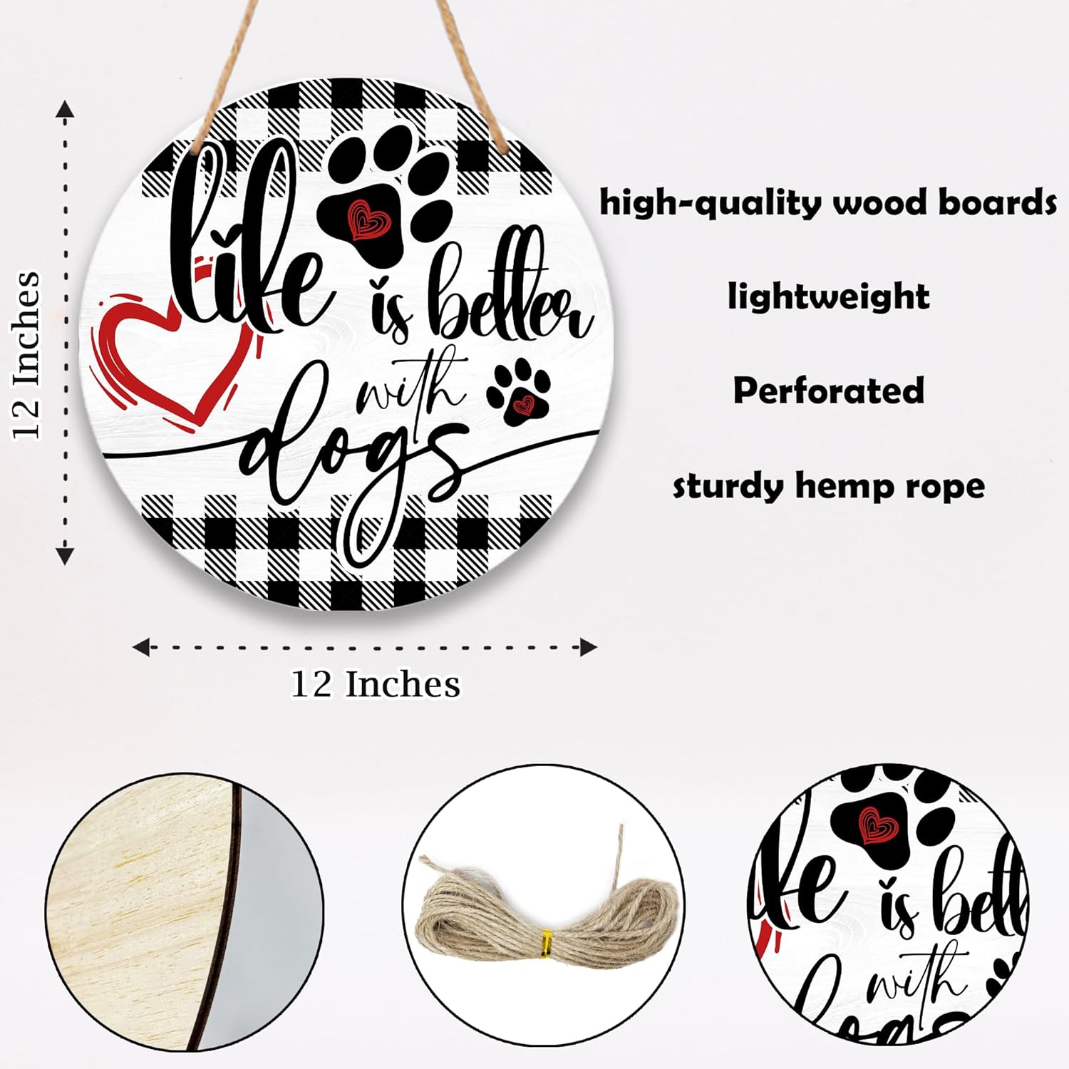 Life Is Better With Dogs Wooden Hanging Sign, 12 Inch Round Wood Plaque Front Door Sign for Dog Lovers, Rustic Home Wall Decor for Outdoor Indoor Porch Garden Decor & Supplies, Gift for Pet Owners-A02 - Image 2