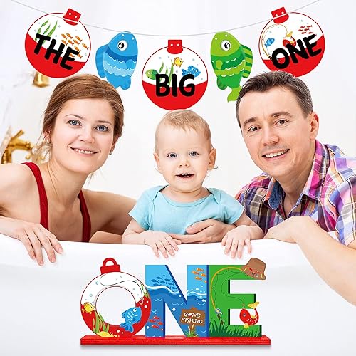 Miniatura 6 de Ofishally - 2 decoraciones de cumpleaños, mesa de pesca, centro de mesa de madera y pancarta de peces desaparecidos, suministros de fiesta temática