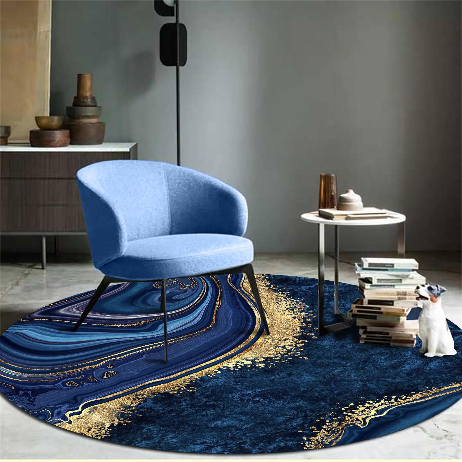 GUGJHFVH Round New Living Room Rugs ø 90 cm Dining Lounge Bedside Soft Easy Care Retro Abstract Ink Mosaic Blue
