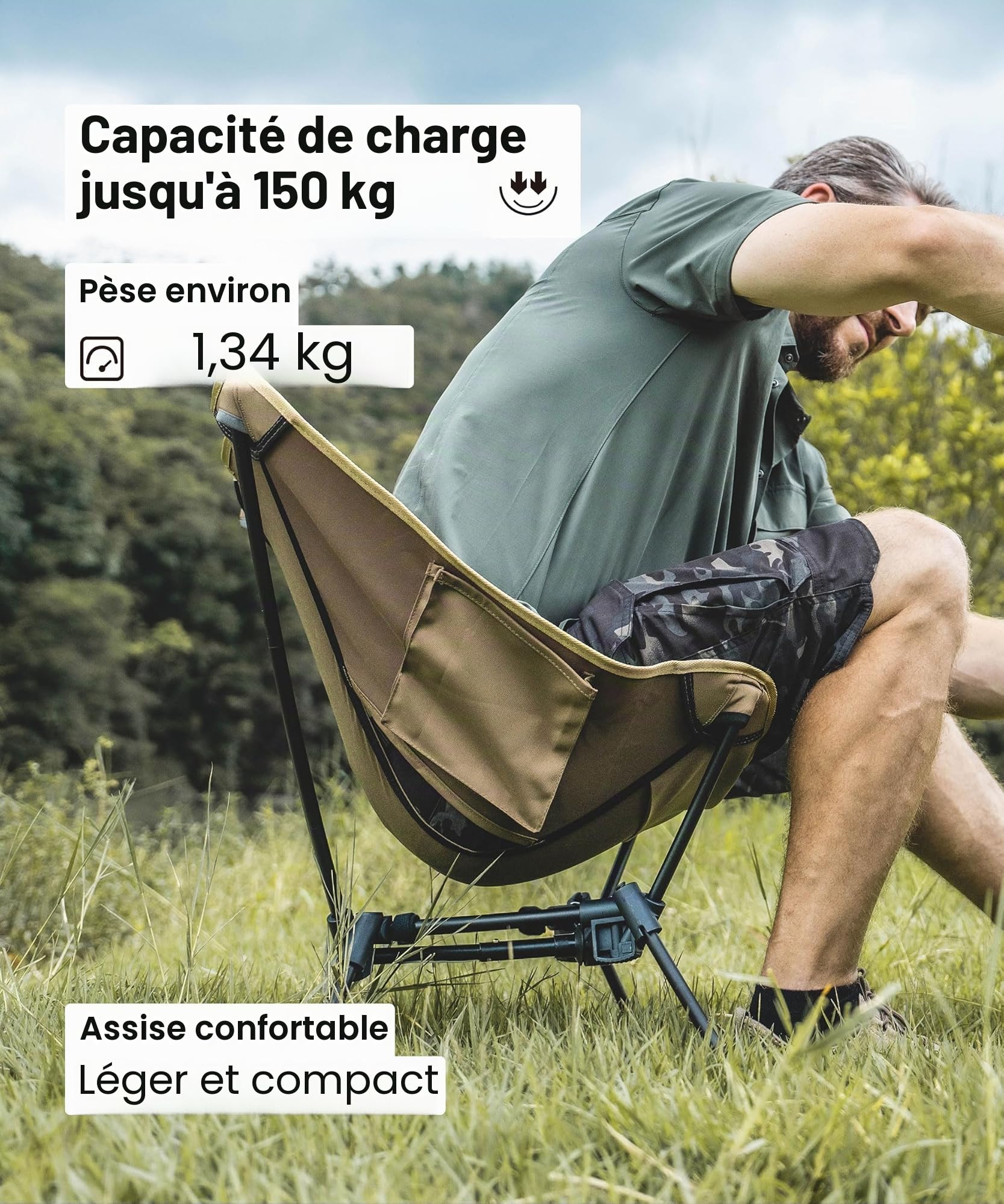 OneTigris TIGERBLADE Camping Fauteuil Pliable 150 kg, Cadre Triangulaire, Légère, avec 2 Poches Latérales, pour l'Extérieur, la Randonnée, Marron Coyote