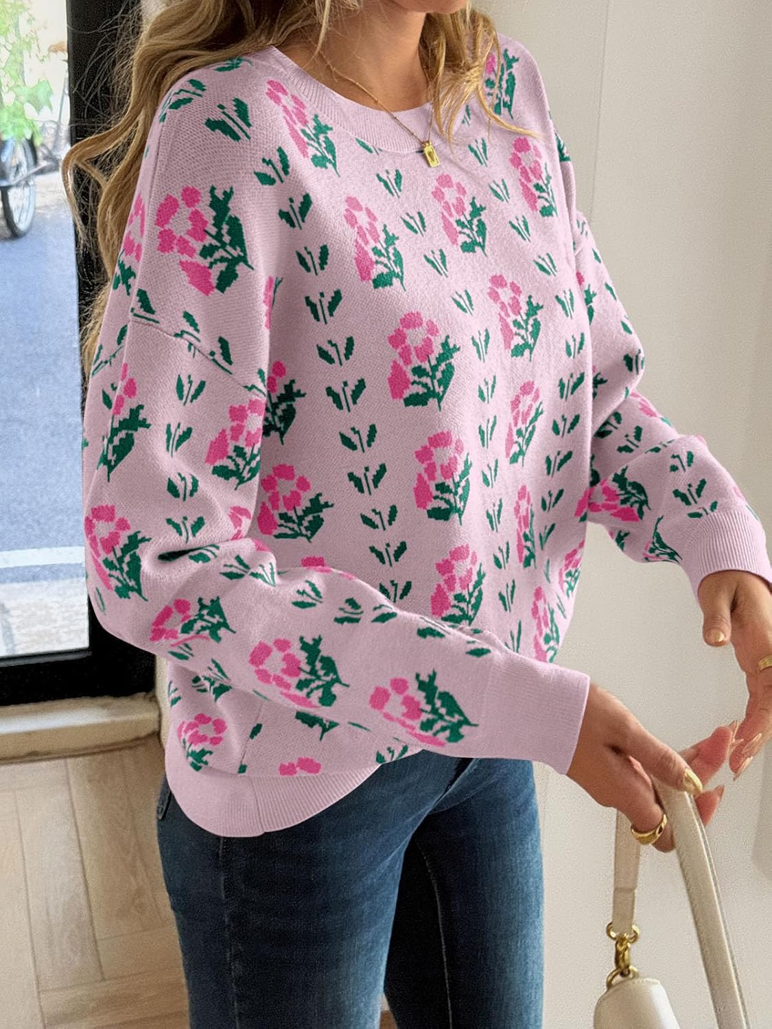 Saodimallsu Womens Long Sleeve Floral Sweaters Fall Crew Neck Casual Loose Knitted Pullover Tops - Image 3