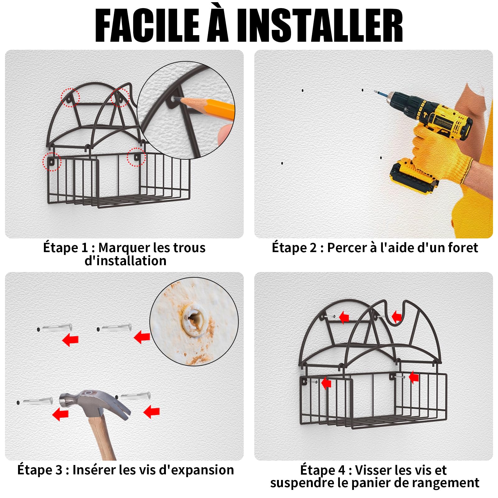 Support de tuyau d'arrosage, support de tuyau d'eau robuste avec panier de rangement pour outils, organisateur de tuyau mural pouvant contenir jusqu'à 150 pieds, support de tuyau décoratif pour jardin