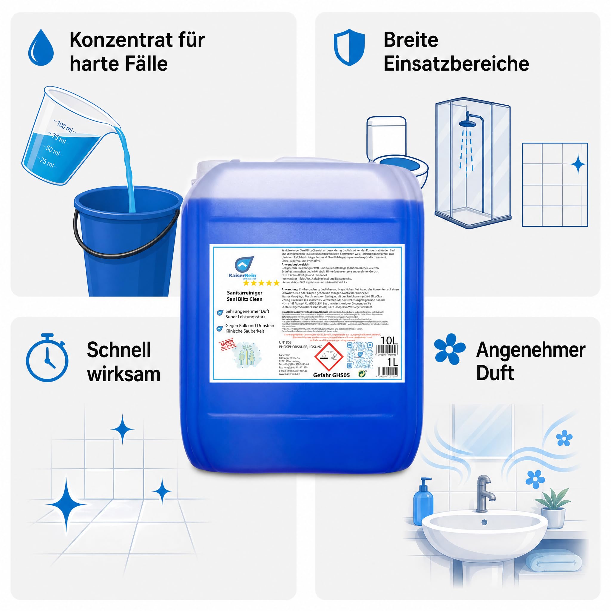 KaiserRein WC Reiniger Sani Blitz Clean, extra starker Profi-Sanitärreiniger & Urinsteinentferner, Konzentrat im 10 L Kanister, löst Kalk, Wasserstein & Kalkseifen, für Bad, Dusche, WC, Fliesen