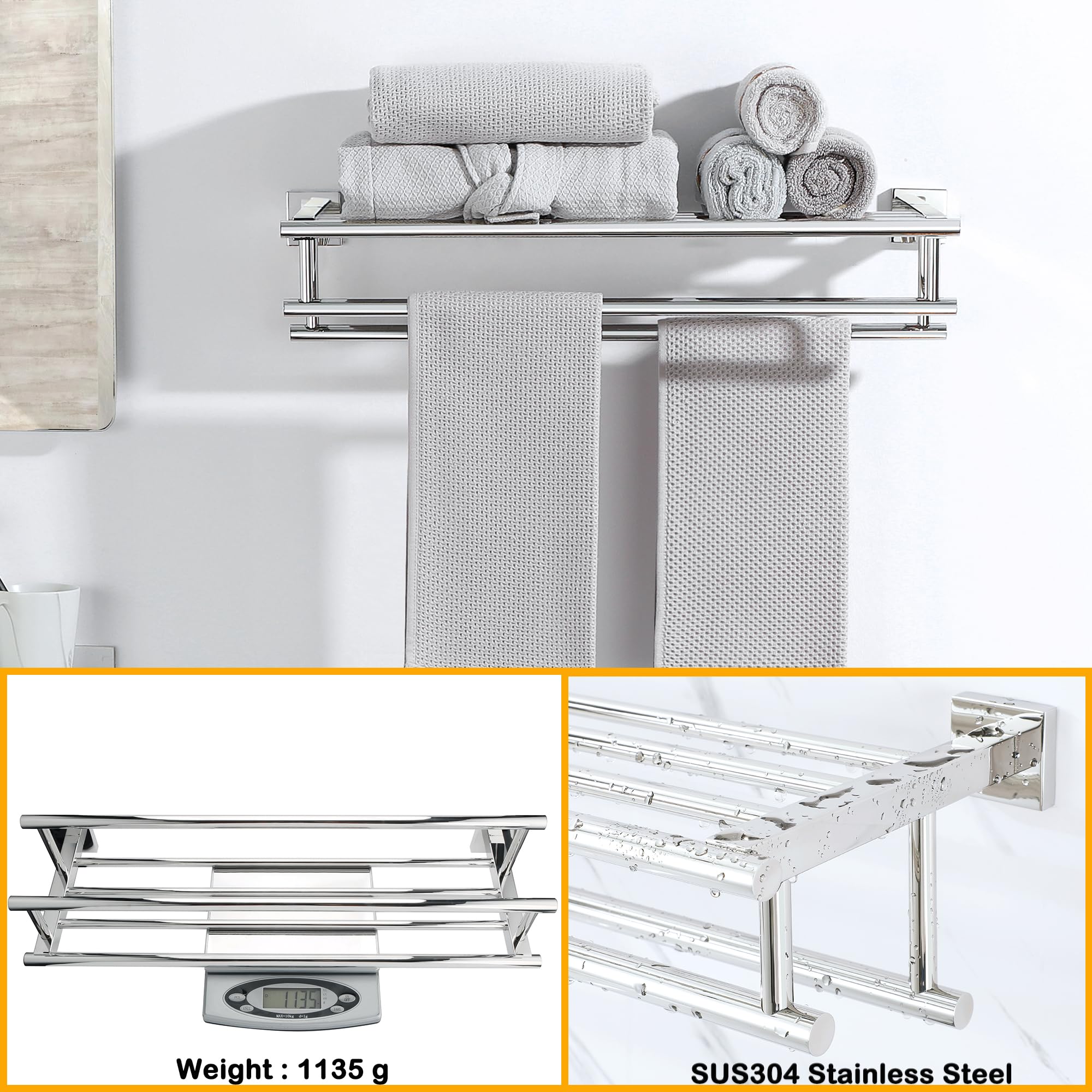 SAYAYO Double Barre Porte Serviette Mural de Salle de Bain, Support Serviette avec Étagère en Acier Inoxydable pour Cuisine Toilette, Longueur 60CM Chrome Poli, EGZ8000-C