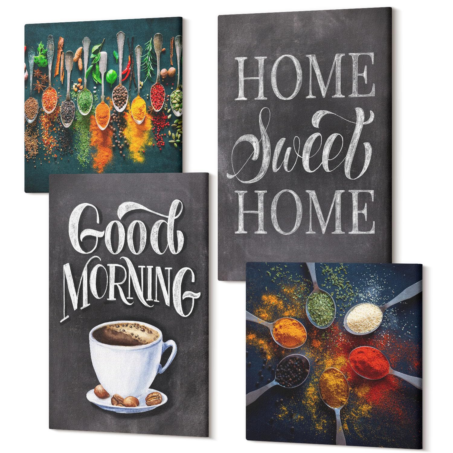 Wallfluent Wandkunst Leinwandbild Set 40x40 x 60x40 cm Polycanvas Wand 4-teiliges Set - ration Schlafzimmer Wohnzimmer - Gewürze Kaffee mit einer Tasse Küchenkräuter Gewürze