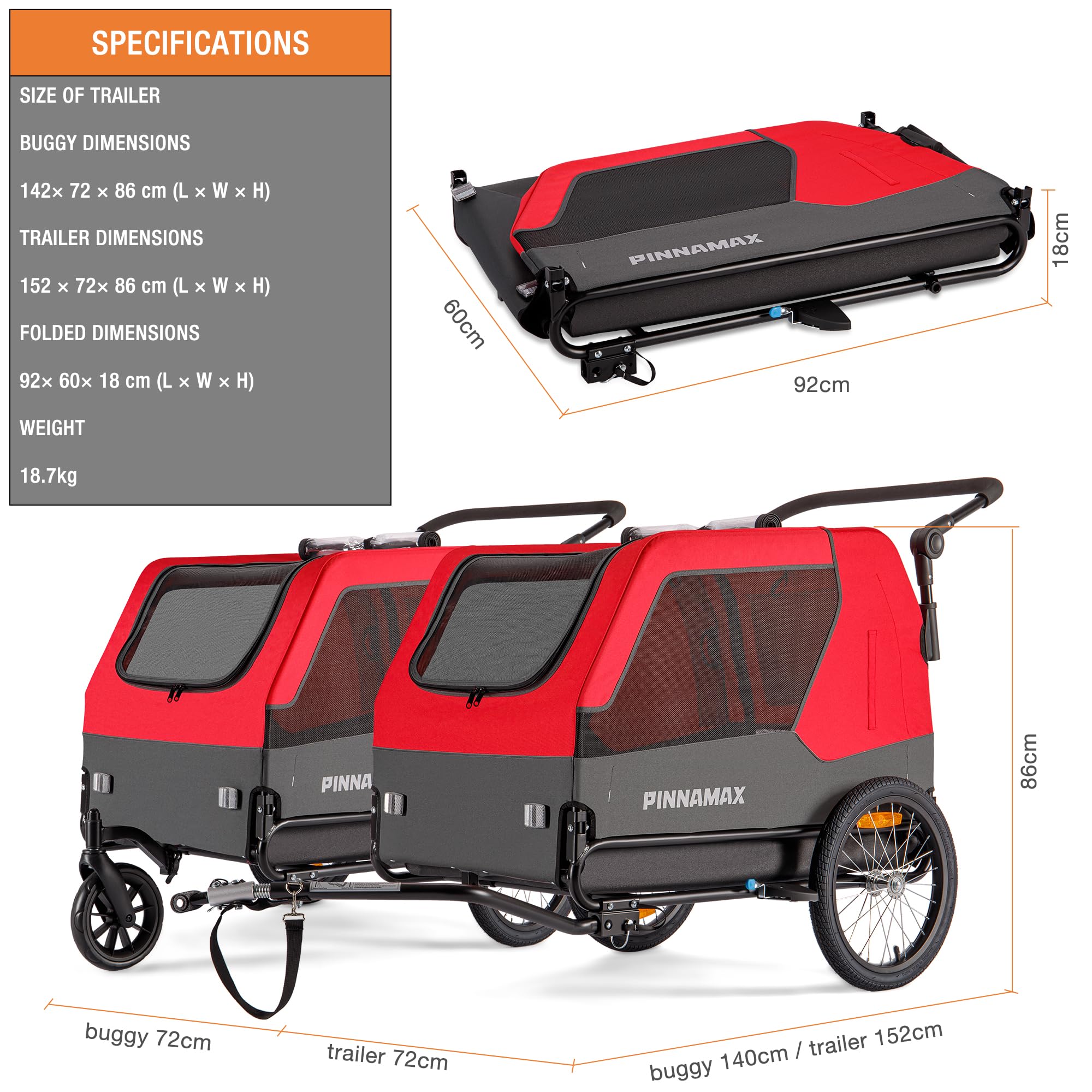 PINNAMAX Rimorchio per cani per biciclette 2 in 1, portata 45 kg, gancio universale