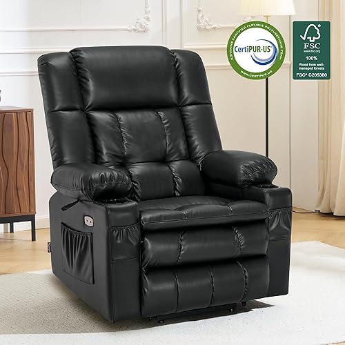 Miniatura 155 de MCombo Silla reclinable eléctrica de doble motor para personas mayores, silla elevadora plana con calor y masaje, portavasos, puertos USB, piel