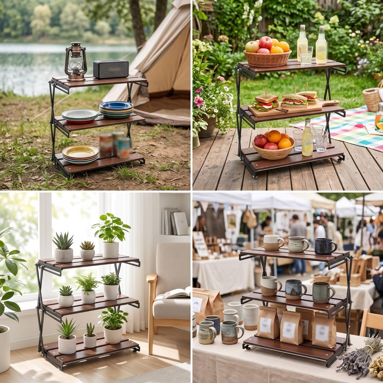 Étagère Camping Portable Étagère Pliante à 3 Niveaux Meuble Rangement Cuisine Camping Pliable pour Campeurs, Pique-Nique, Barbecue, Structure En Bois - Bois De Hêtre À Trois Niveaux