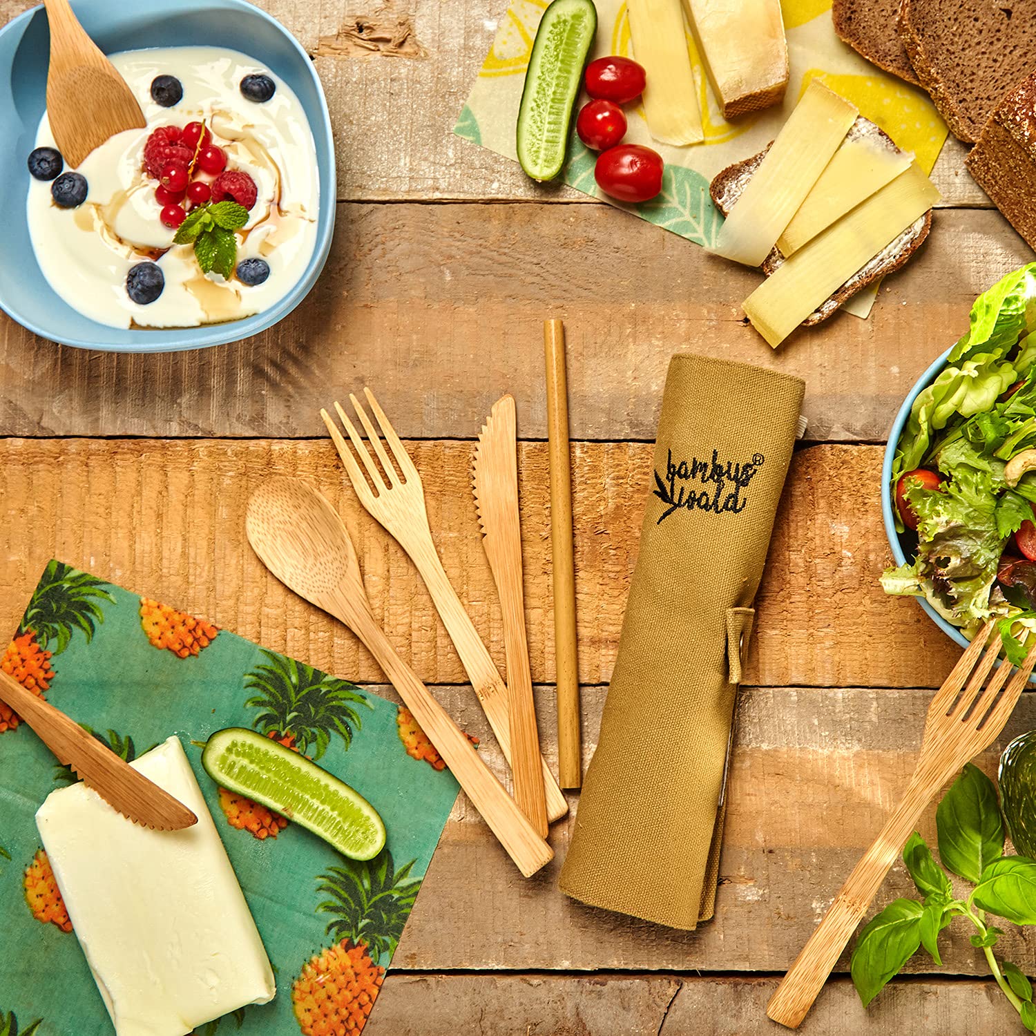 Set Posate In Bambù Riutilizzabili - Coltello, Forchetta, Cucchiaio E Cannuccia Con Borchetta In Juta - Foto 9