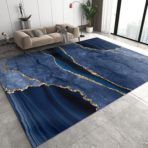 Miniatura 3 de Alfombra de área con textura de mármol degradado azul líneas doradas retro alfombra de lujo para interiores antideslizante suave cómoda portátil