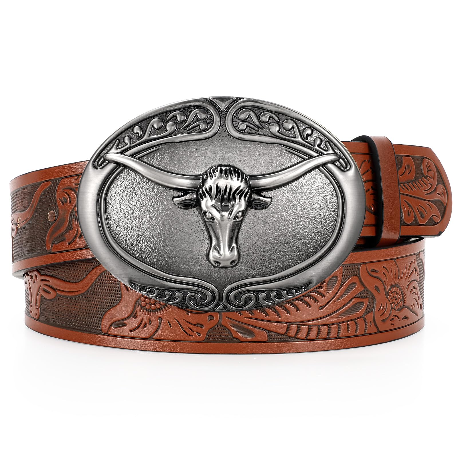 UpFind Men Womens Cowboy Belt Western Leather Buckle Belt for Jeans Cowgirl Belt 1.5’’ Wide