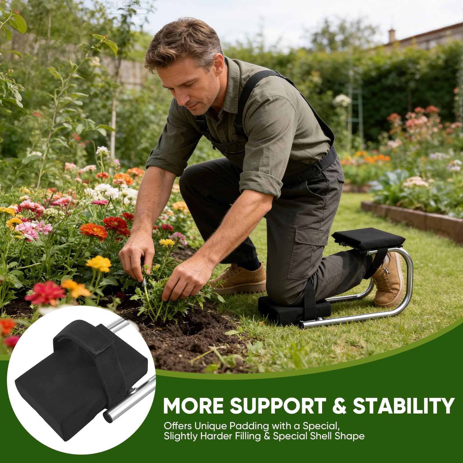 Ginocchiera per giardinaggio, portatile sulla gamba, con telaio in acciaio e cinghie regolabili, ginocchiere per giardino, costruzione e posa di piastrelle, supporto ergonomico per alleviare