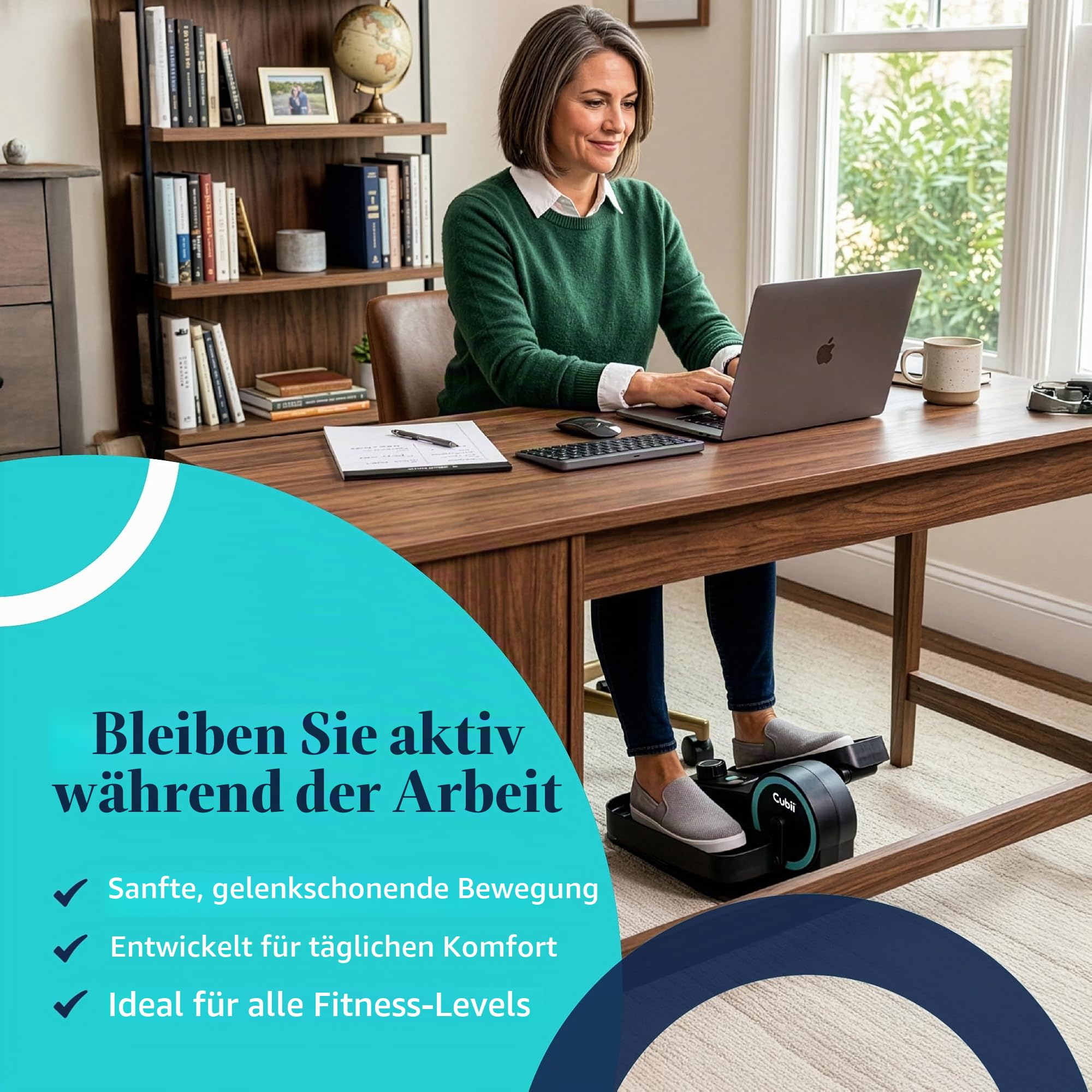 Cubii GO, Ellipsentrainer unter dem Schreibtisch, Fahrradpedaltrainer, mit beleuchtetem LCD-Fitness-Tracker-Bildschirm, einstellbarem Widerstand, Arbeit von zu Hause aus Fitness, integrierten Rädern