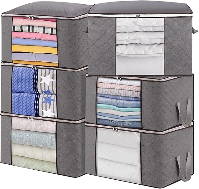 O'woda Clothes Storage Bags with Zips, (6PCS, 60x40x35 cm), 90L Large Capacity with Reinforced Handles Clear Window Foldable Thick Non-Woven Fabric, for Duvet Comforters Blankets Pillow Bedding