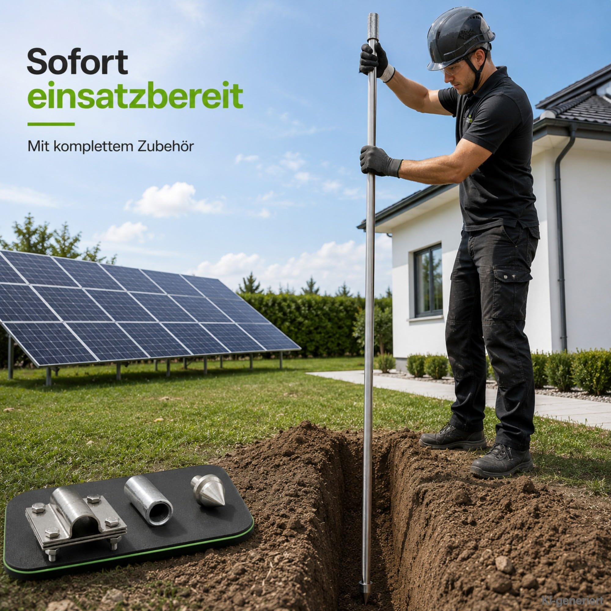 Offgridtec Tiefenerder V4A Set 1,5 m – Erdungsspieß Ø20 mm aus Edelstahl inkl. Einschlagspitze, Kreuzerder-Klemme & Schutzadapter – Erdungsstab für Blitzschutz, Erdungssysteme und PV-Anlagen