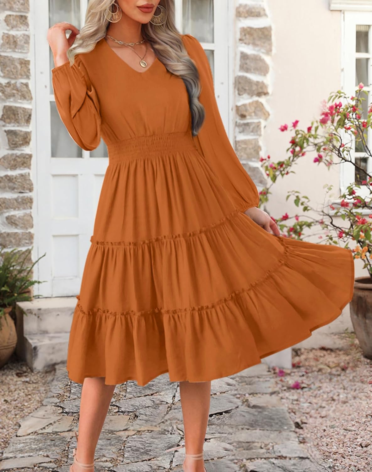 Zattcas Women 2026 Sping Summer Dress V Neck Smocked Waist Casual Flowy A Line Tiered Work Knee Length Dresses - Image 2